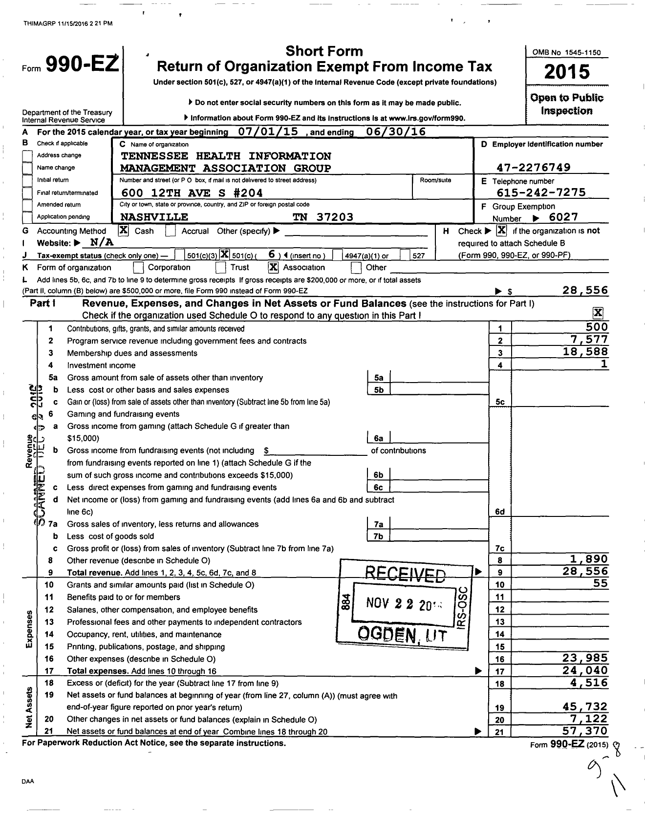 Image of first page of 2015 Form 990EO for Tennessee Health Information Management Association Group