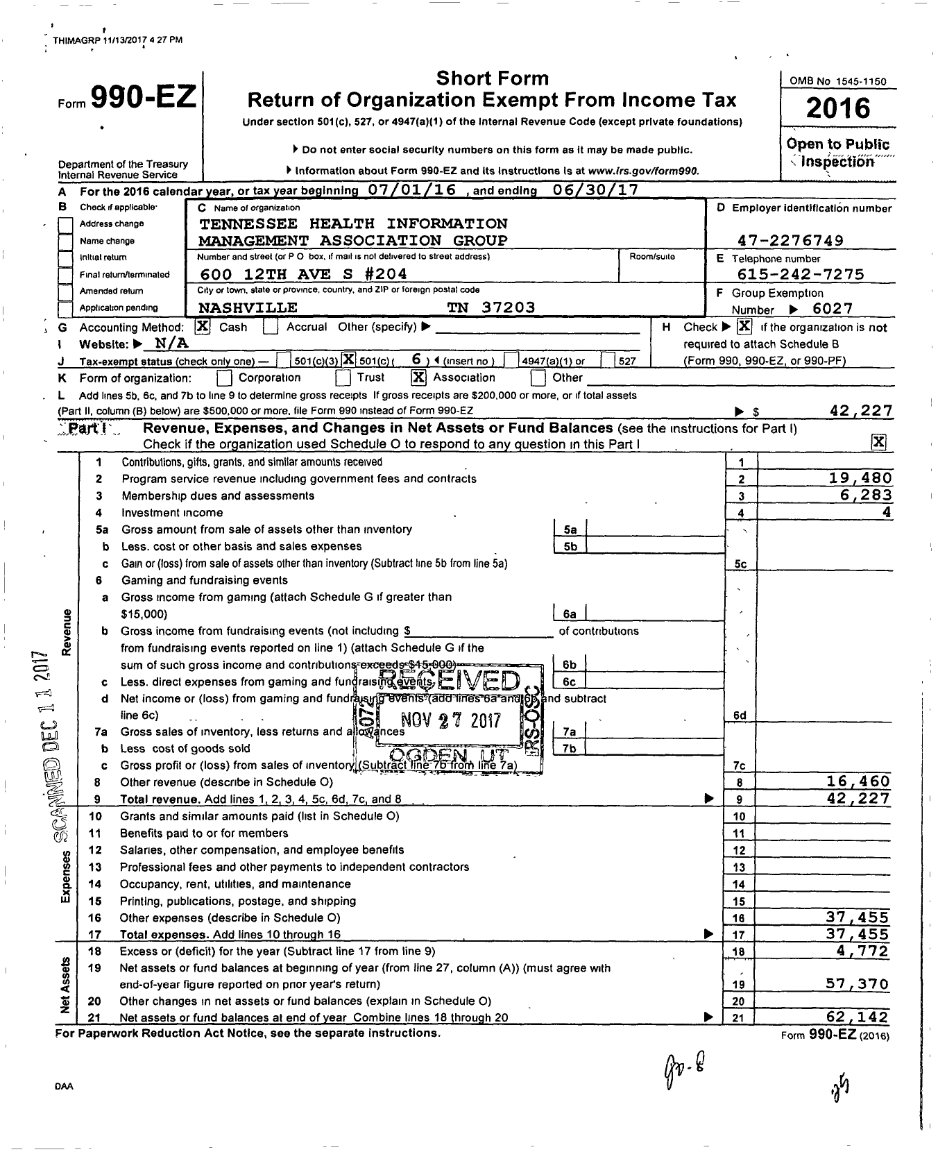 Image of first page of 2016 Form 990EO for Tennessee Health Information Management Association Group