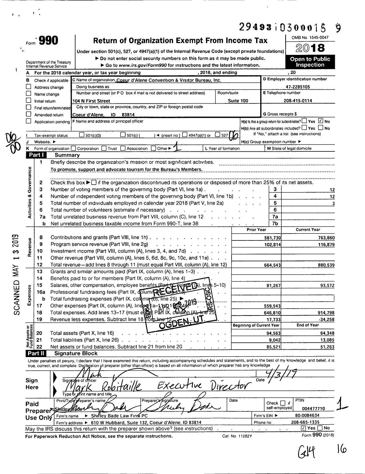 Image of first page of 2018 Form 990O for Coeur D'alene Convention and Visitor Bureau