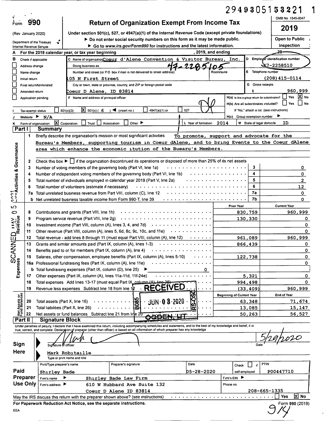 Image of first page of 2019 Form 990O for Coeur D'alene Convention and Visitor Bureau