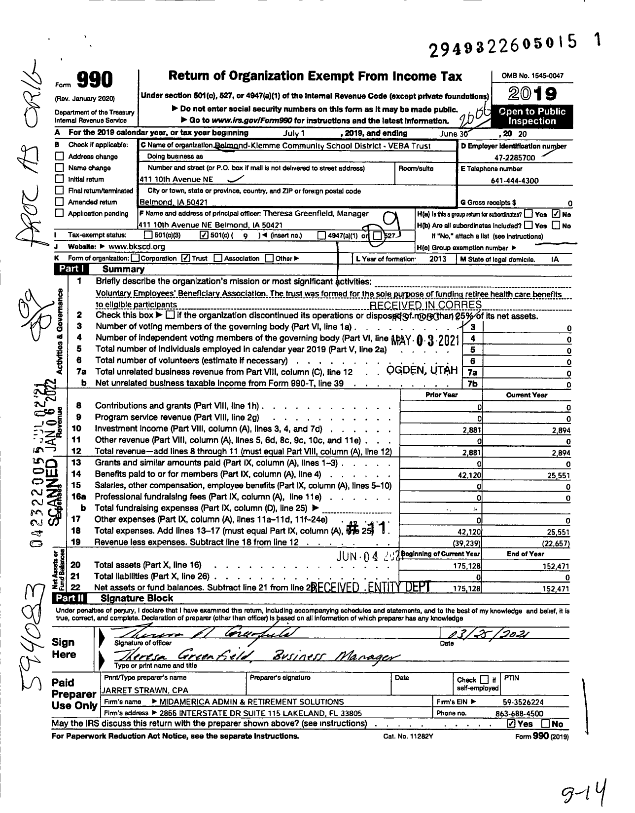 Image of first page of 2019 Form 990O for Belmond-Klemme Community School District Veba Trust