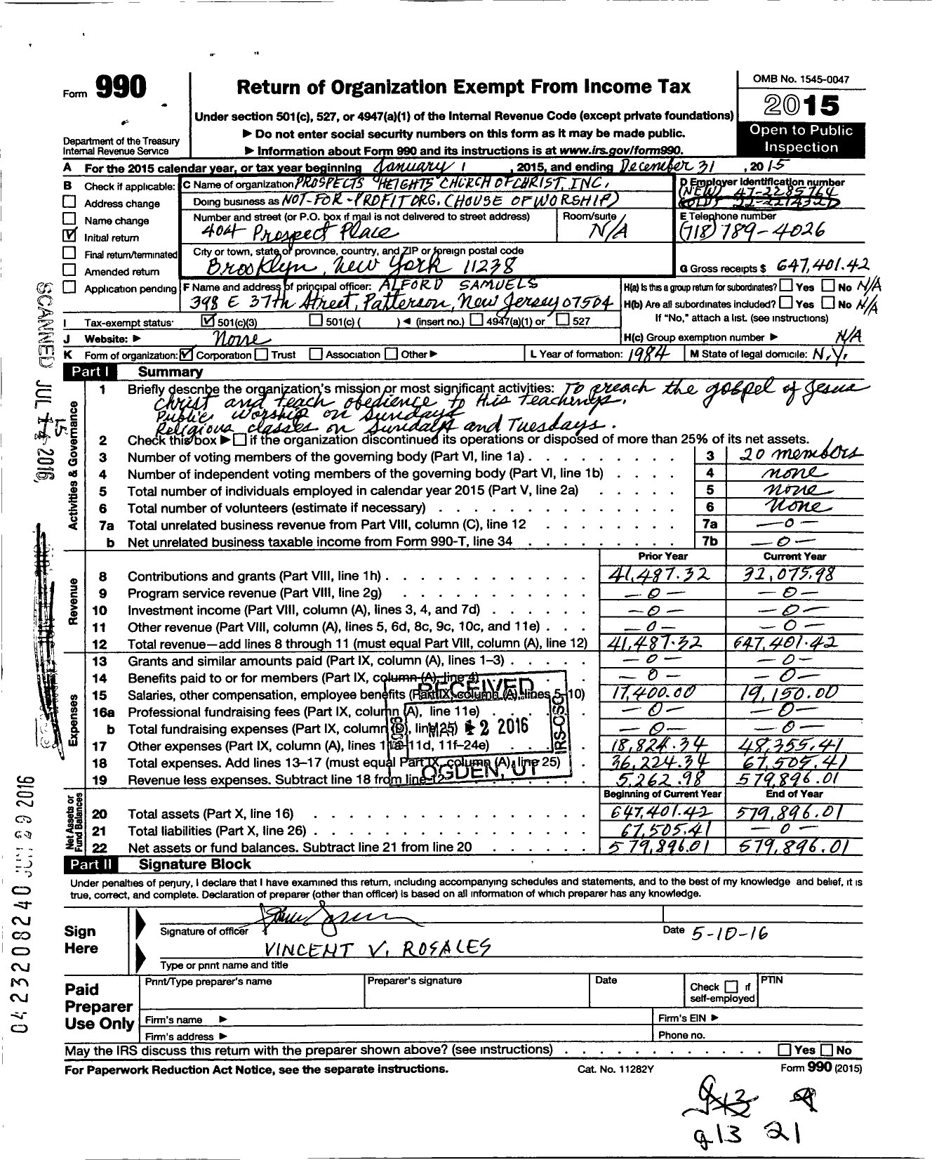 Image of first page of 2015 Form 990 for Prospects Heights Church of Christ