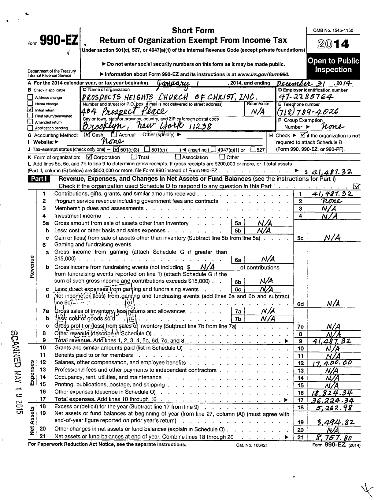 Image of first page of 2014 Form 990EZ for Prospects Heights Church of Christ