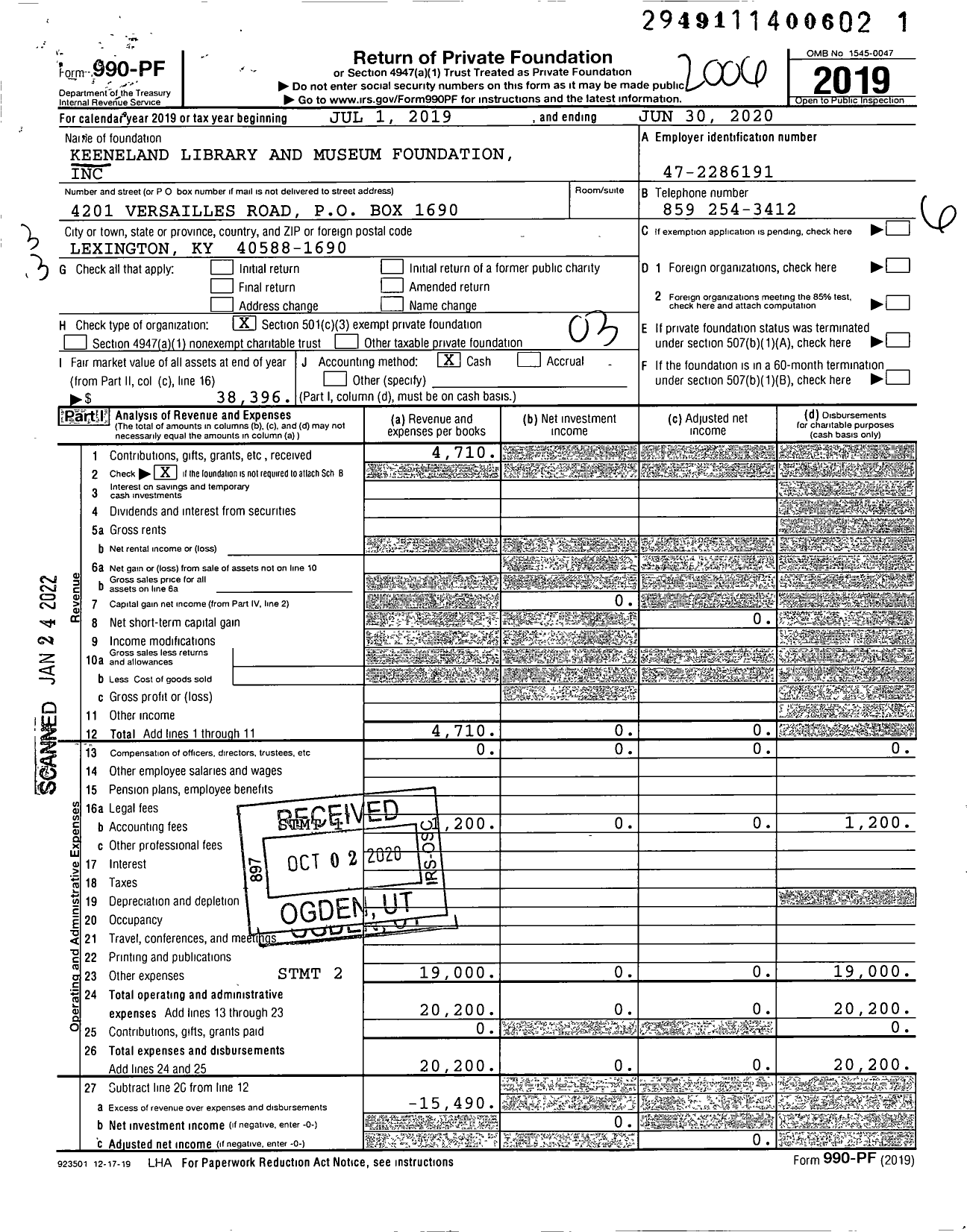 Image of first page of 2019 Form 990PF for Keeneland Library and Museum Foundation