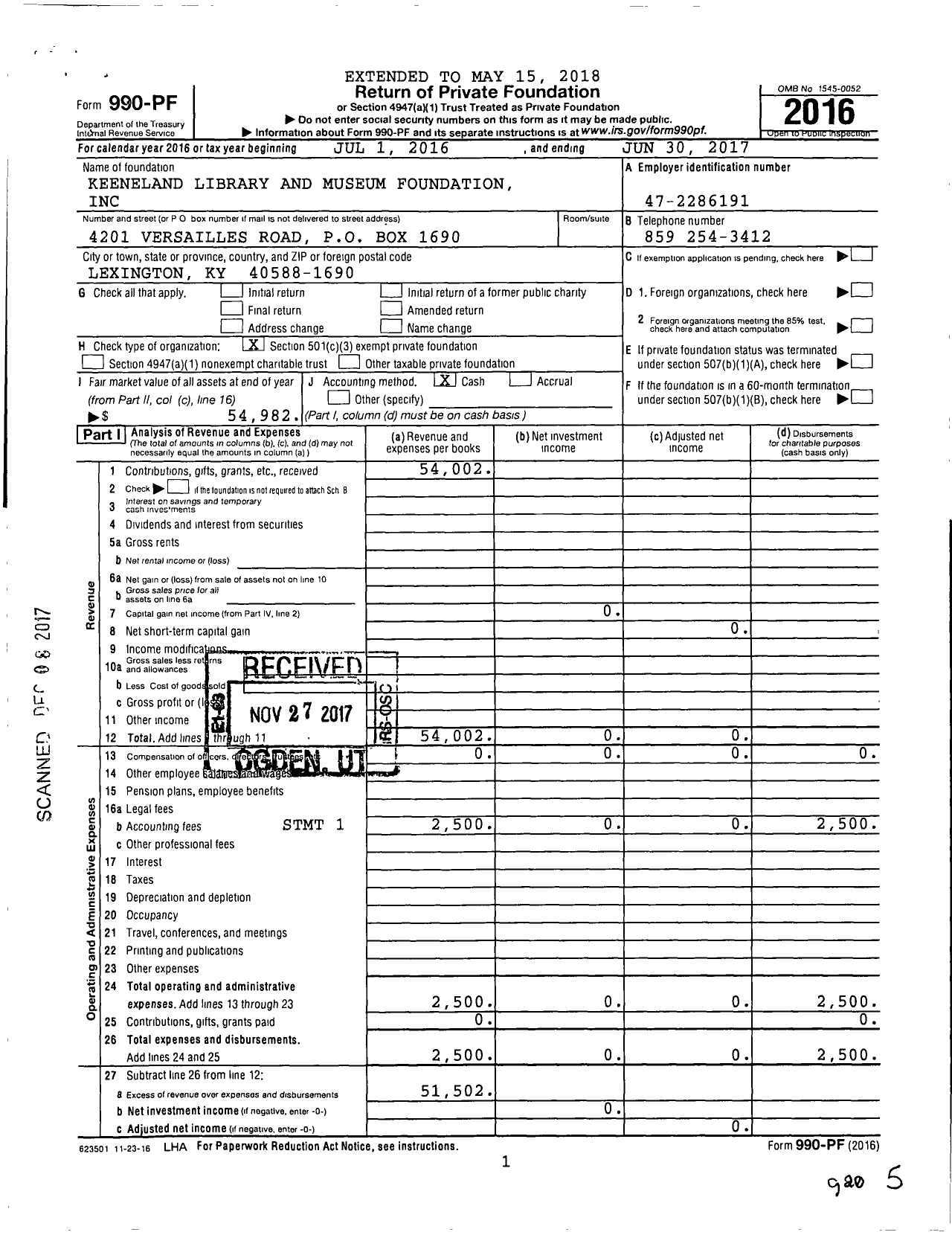 Image of first page of 2016 Form 990PF for Keeneland Library and Museum Foundation