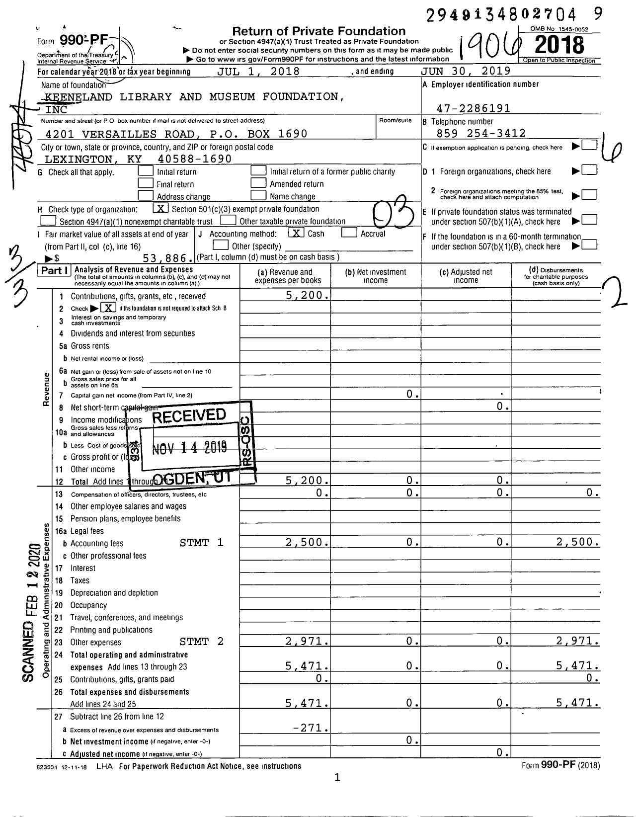 Image of first page of 2018 Form 990PF for Keeneland Library and Museum Foundation