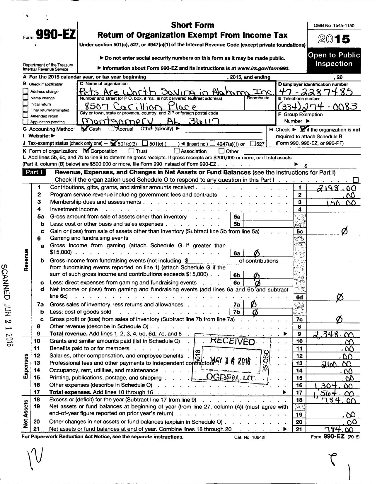 Image of first page of 2015 Form 990EZ for Pets Are Worth Saving in Alabama