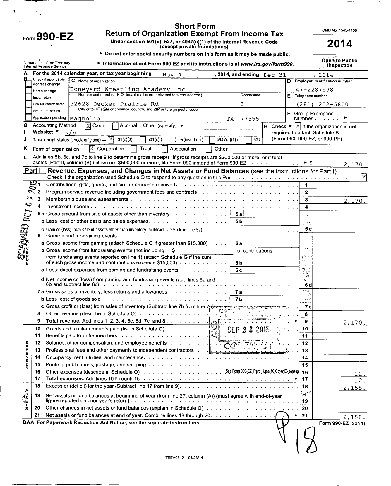 Image of first page of 2014 Form 990EZ for Boneyard Wrestling Academy