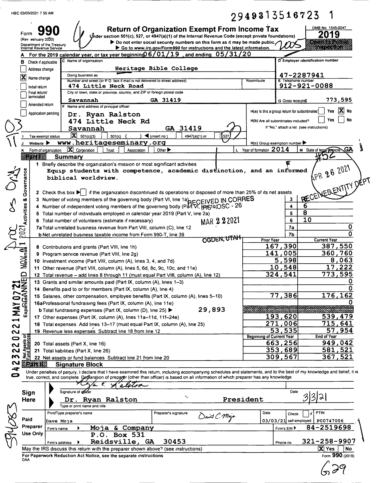 Image of first page of 2019 Form 990 for Heritage Bible College