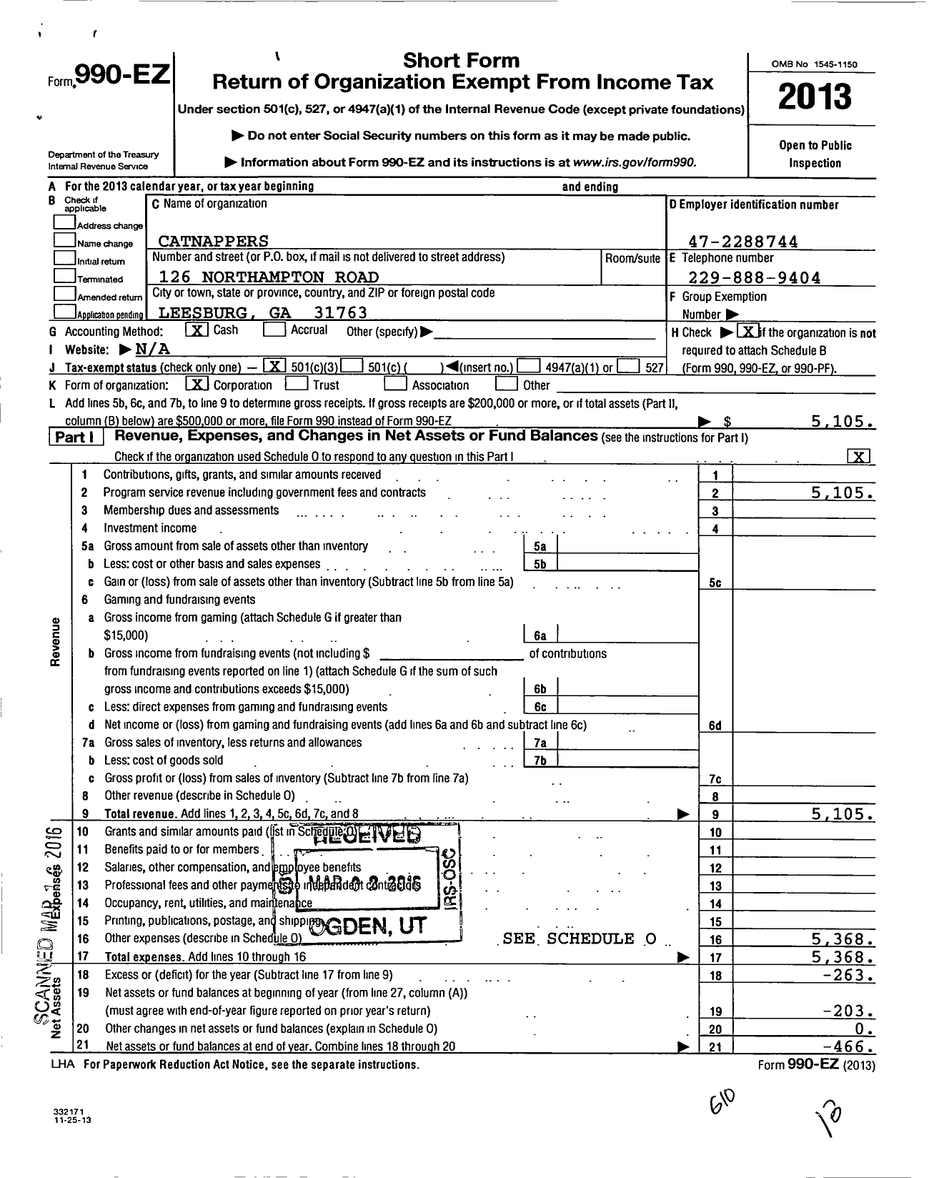 Image of first page of 2013 Form 990EZ for Catnappers