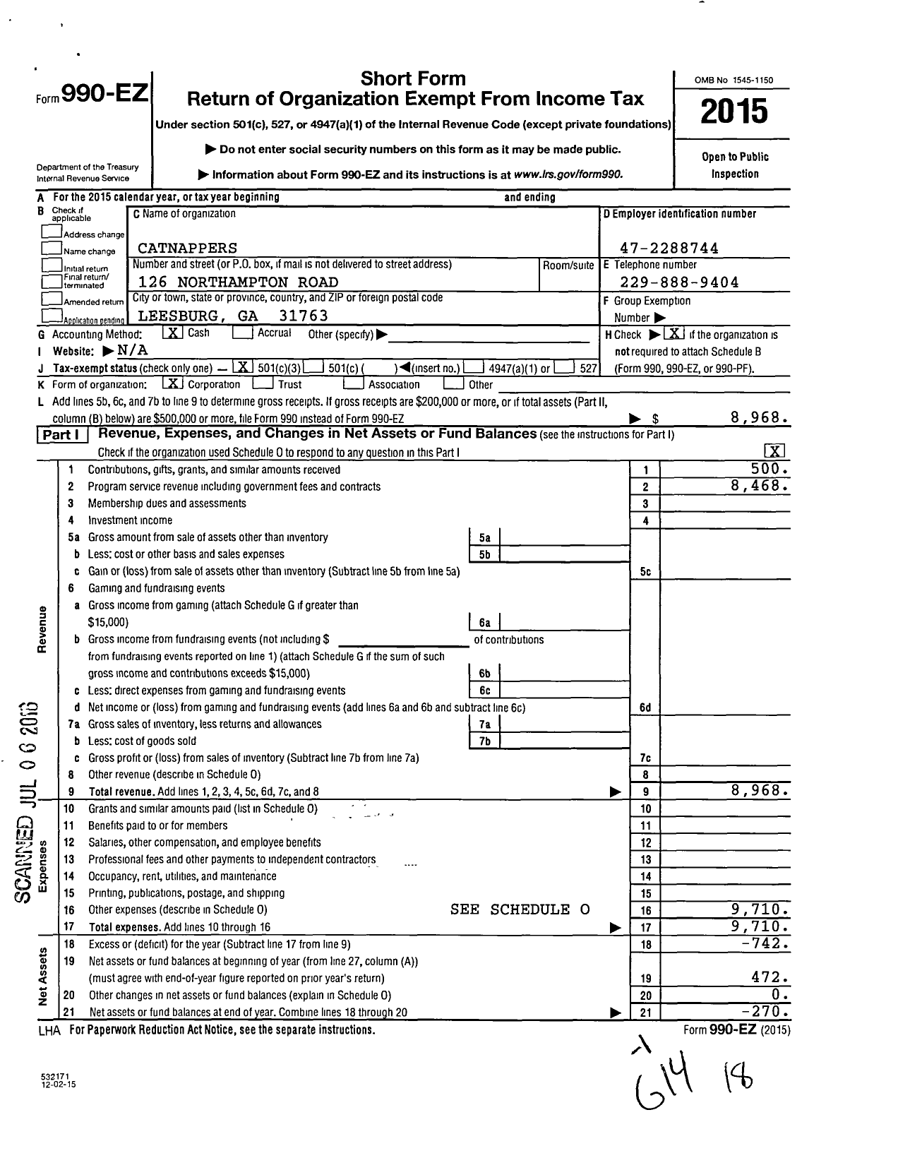 Image of first page of 2015 Form 990EZ for Catnappers