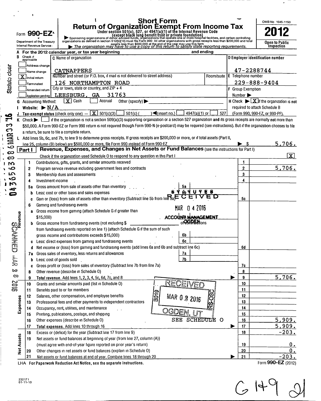 Image of first page of 2012 Form 990EZ for Catnappers