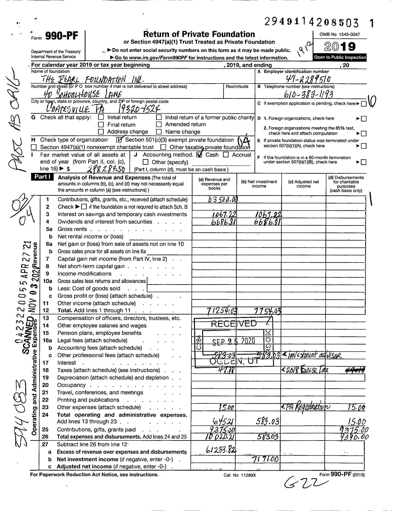 Image of first page of 2019 Form 990PF for The Pearl Foundation