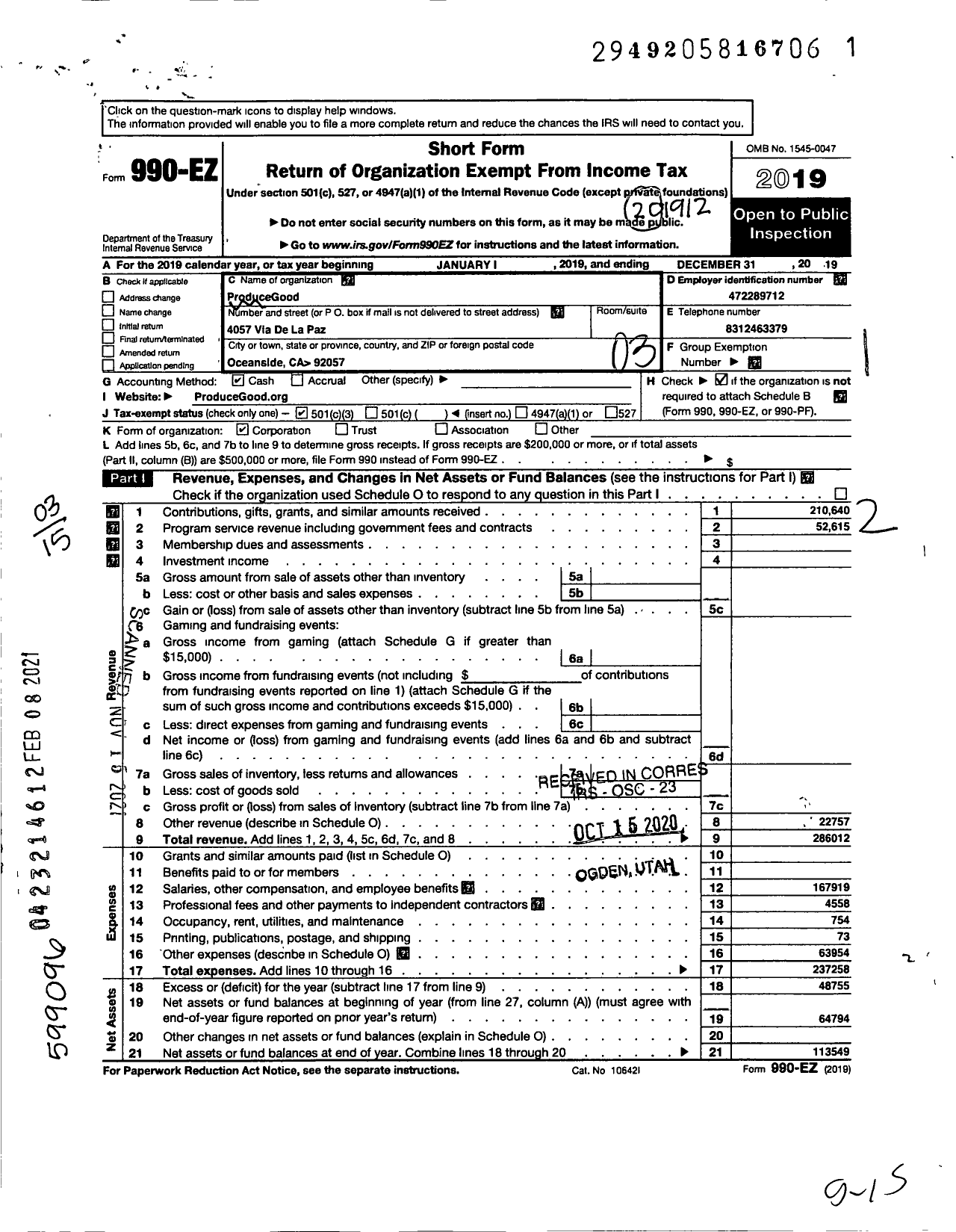 Image of first page of 2019 Form 990EZ for ProduceGood