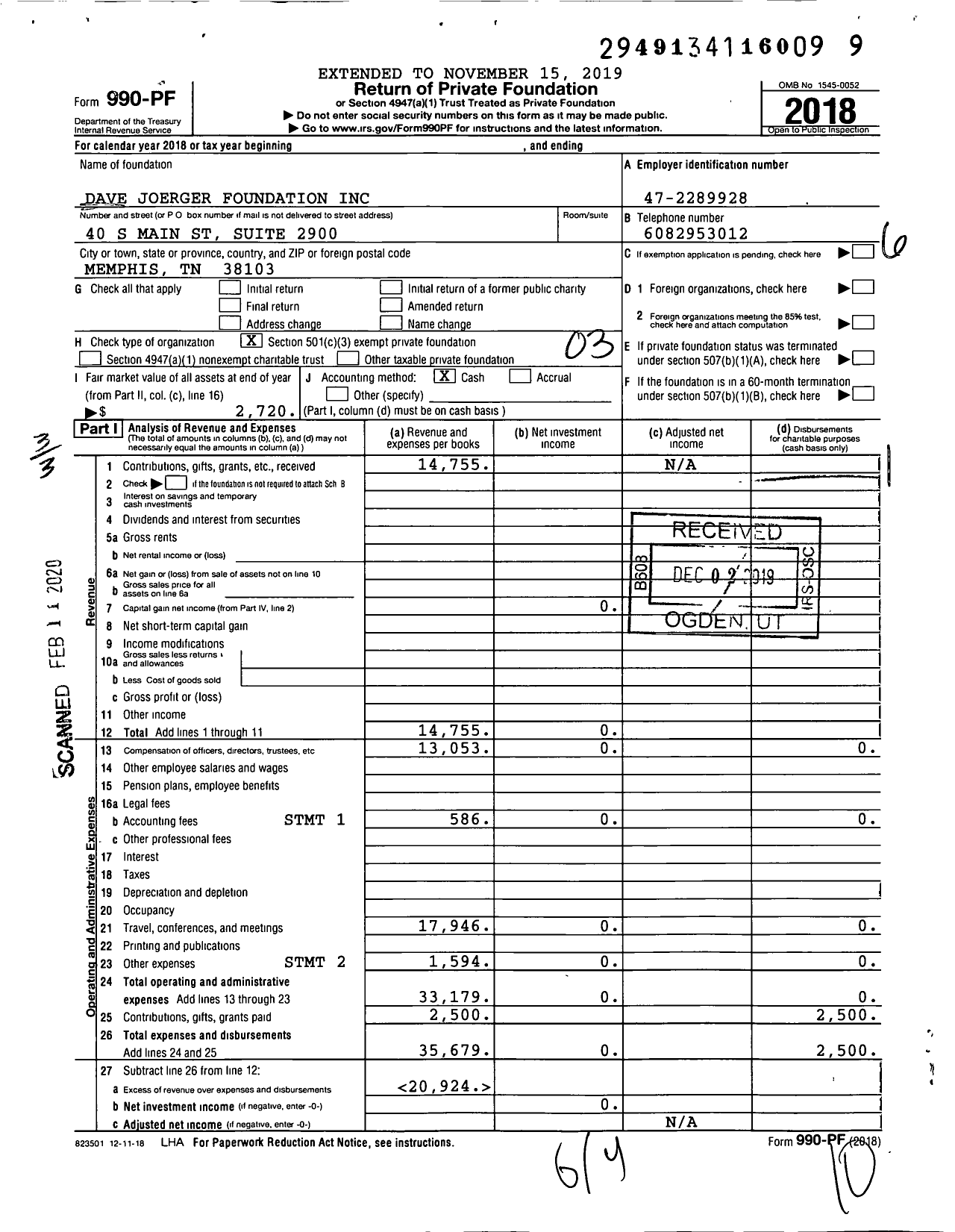 Image of first page of 2018 Form 990PF for Dave Joerger Foundation