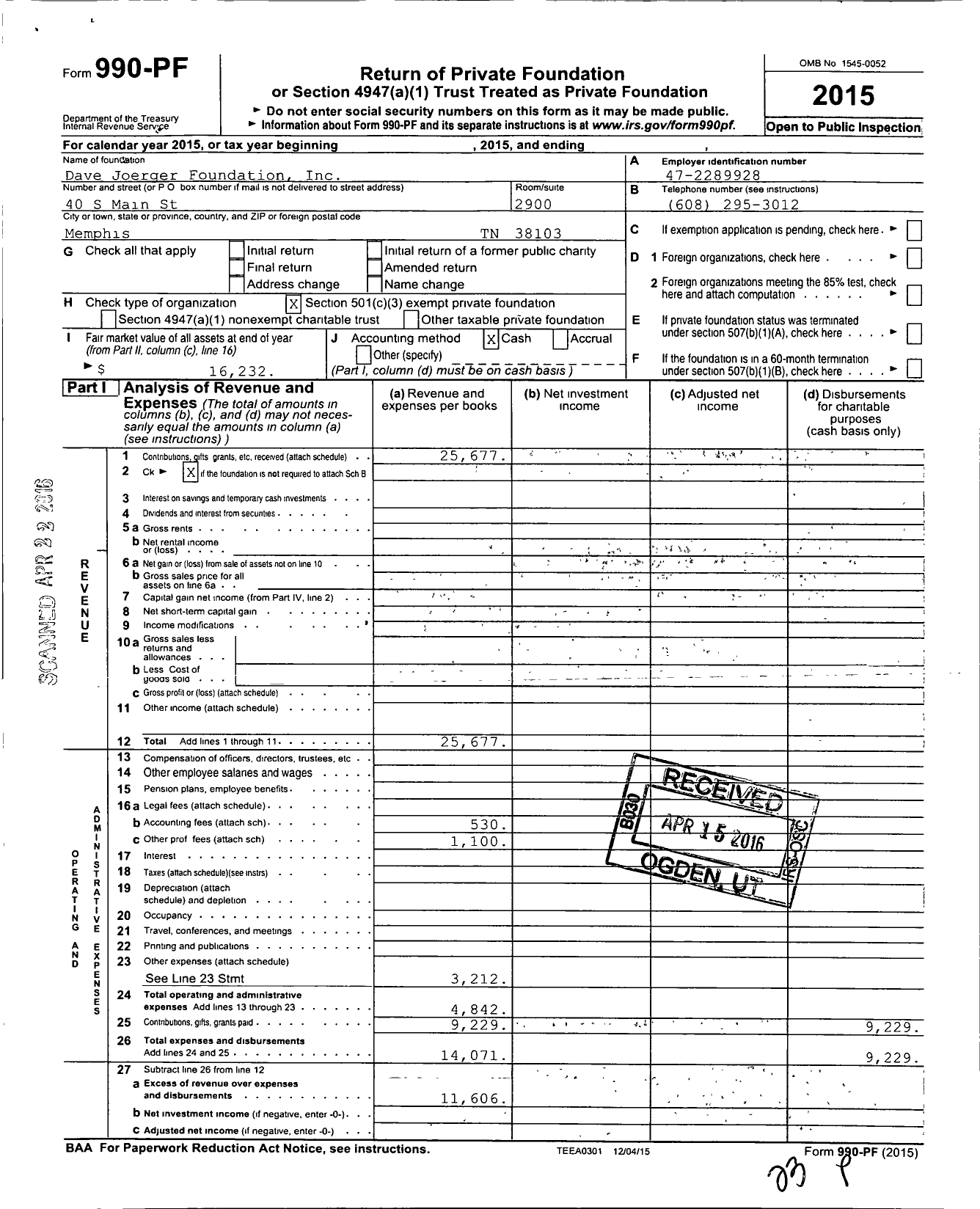 Image of first page of 2015 Form 990PF for Dave Joerger Foundation