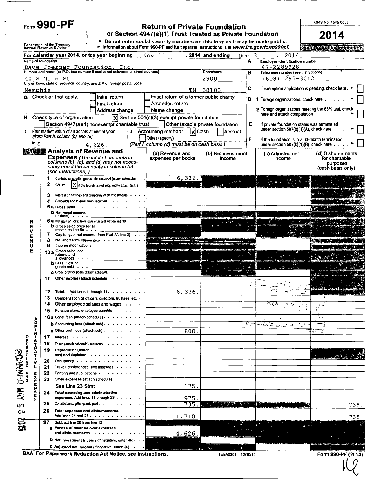 Image of first page of 2014 Form 990PF for Dave Joerger Foundation