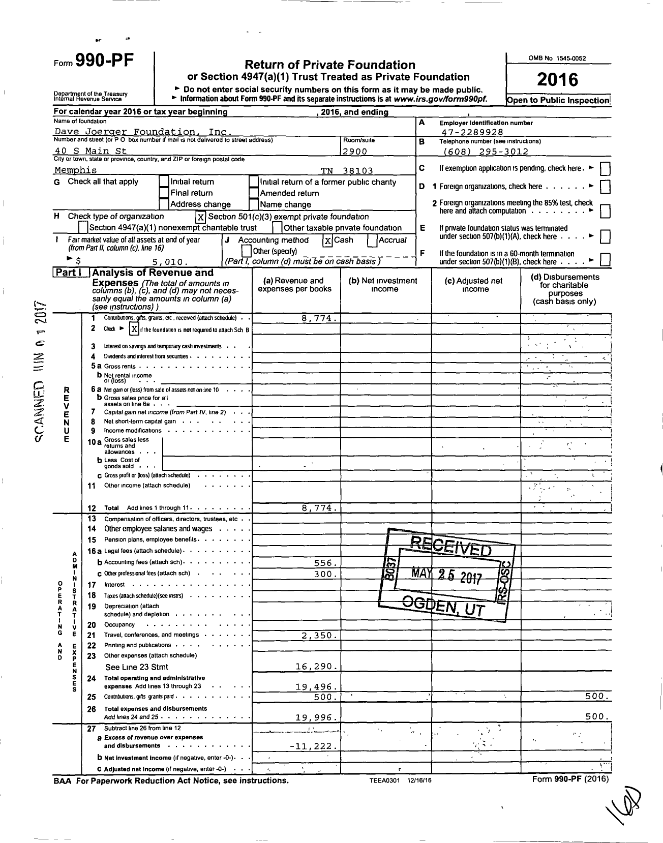 Image of first page of 2016 Form 990PF for Dave Joerger Foundation