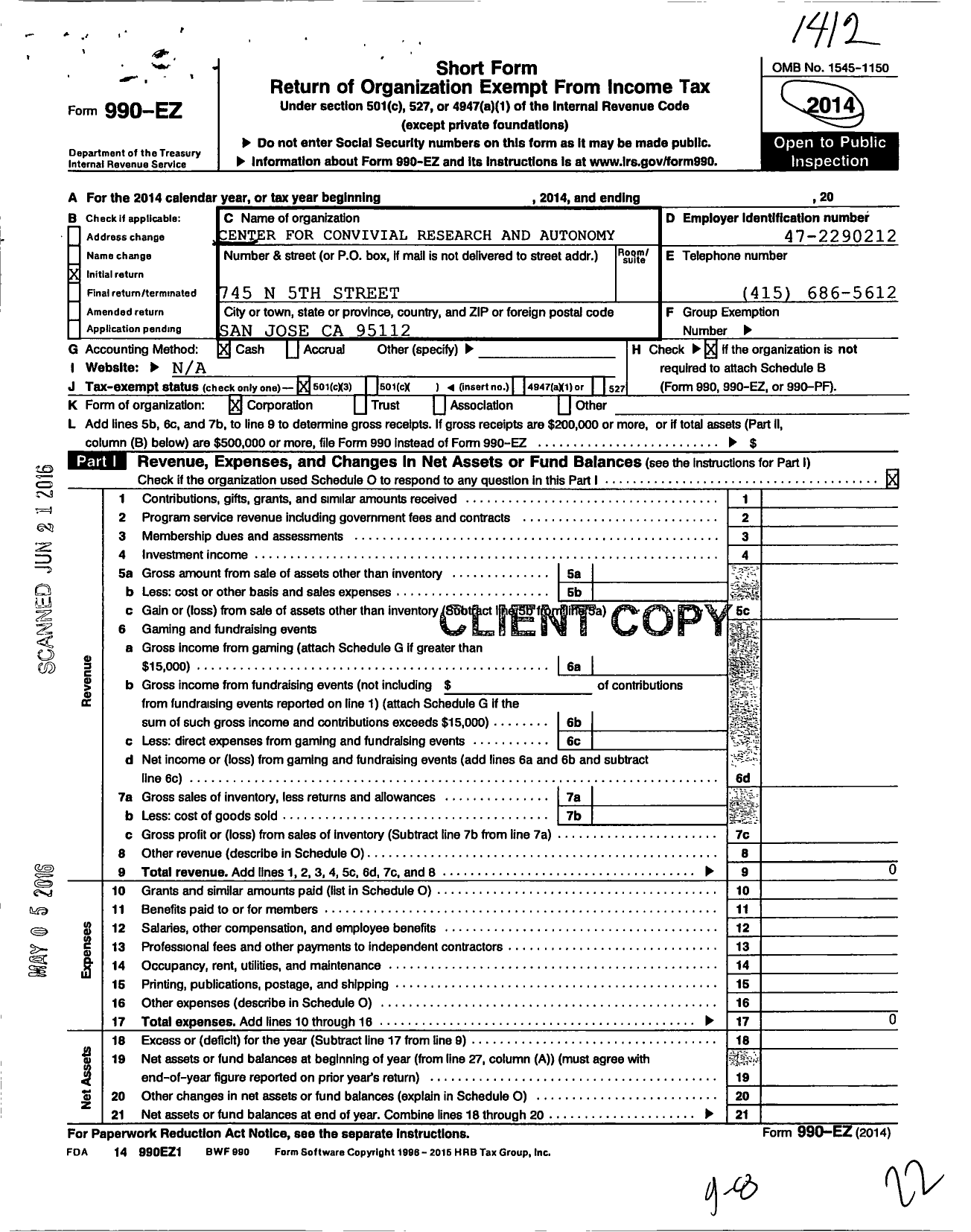 Image of first page of 2014 Form 990EZ for Center for Convivial Research and Autonomy