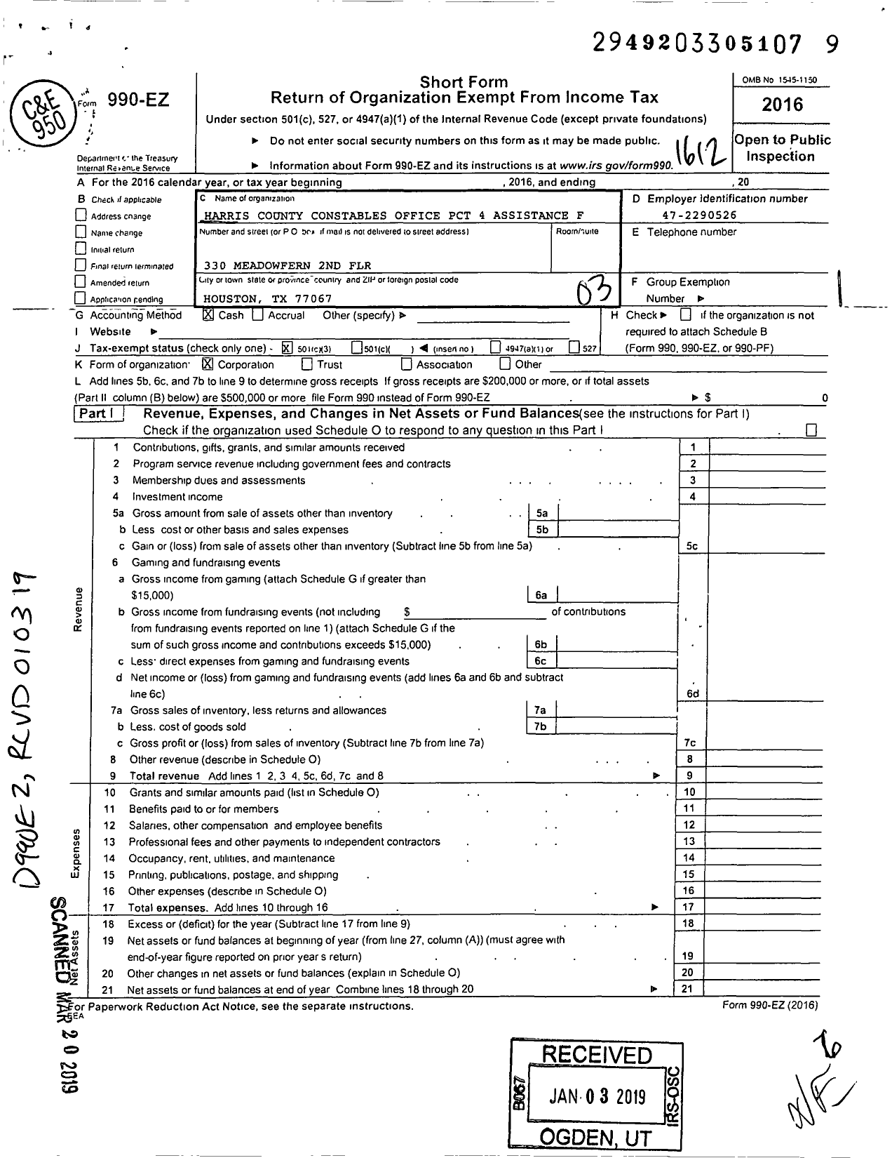 Image of first page of 2016 Form 990EZ for Harris County Constables Office PCT 4 Assistance Fund