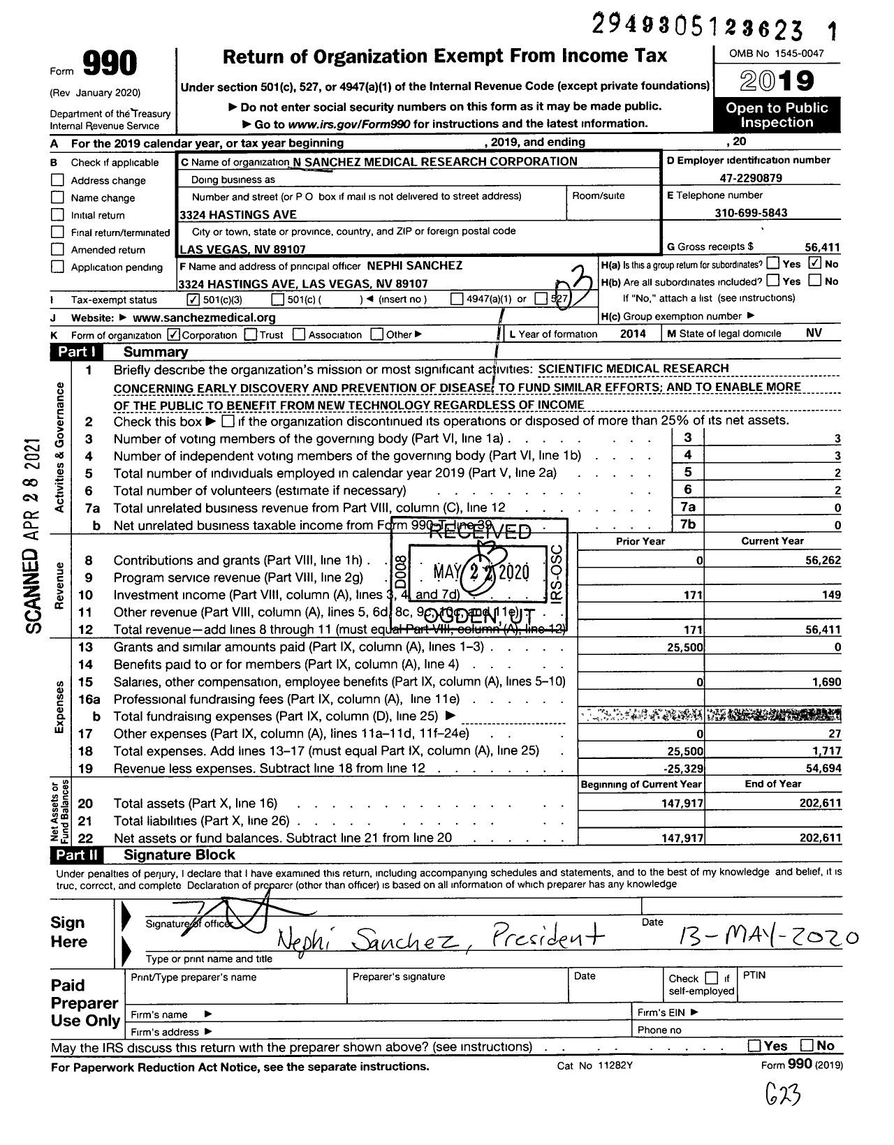 Image of first page of 2019 Form 990 for N Sanchez Medical Research Corporation