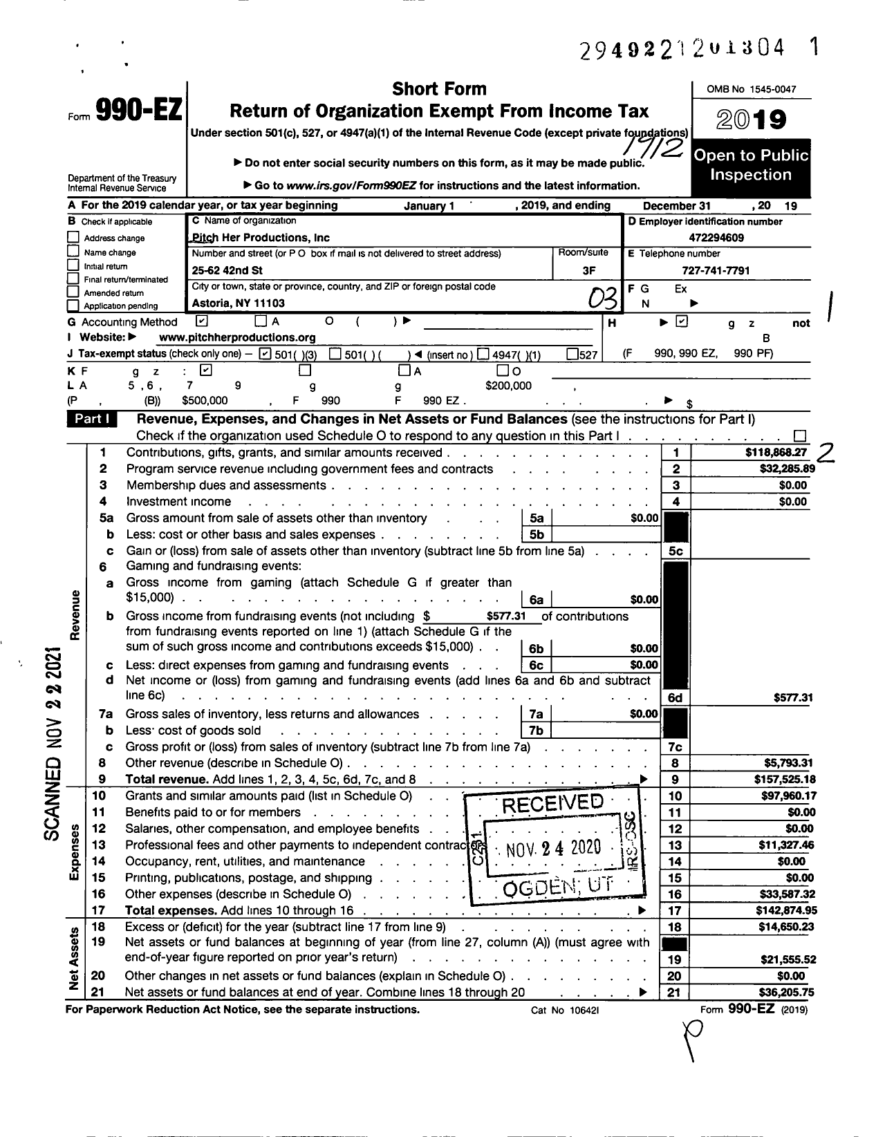 Image of first page of 2019 Form 990EZ for Pitch Her Productions