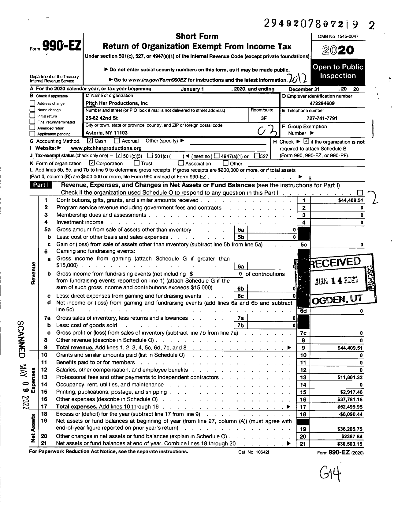 Image of first page of 2020 Form 990EZ for Pitch Her Productions