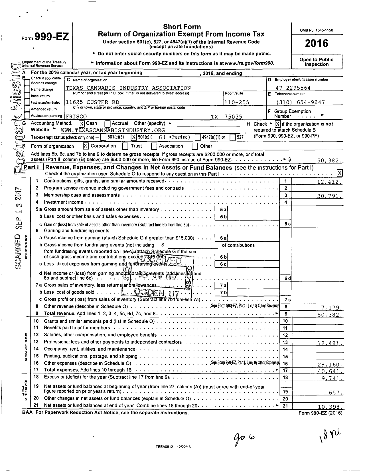 Image of first page of 2016 Form 990EO for Texas Cannabis Industry Association (TCIA)