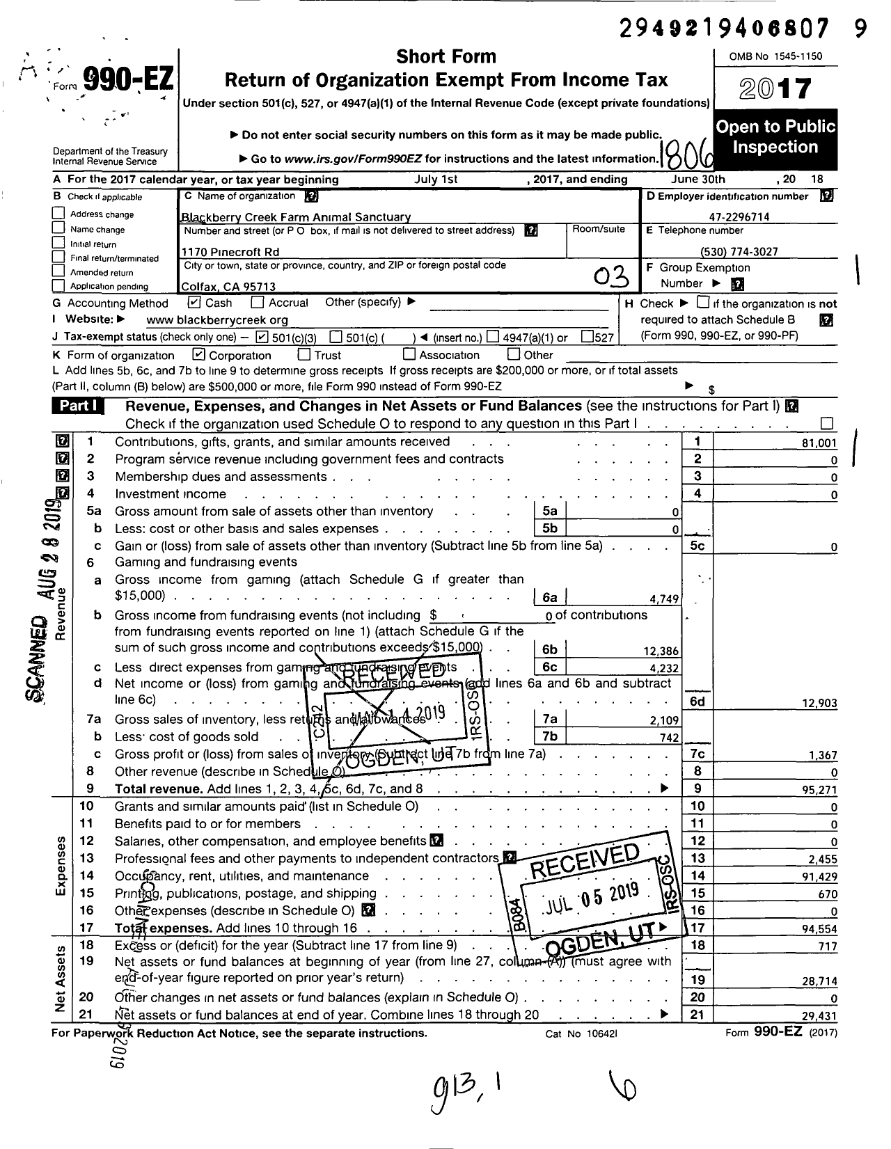 Image of first page of 2017 Form 990EZ for Blackberry Creek Farm Animal Sanctuary