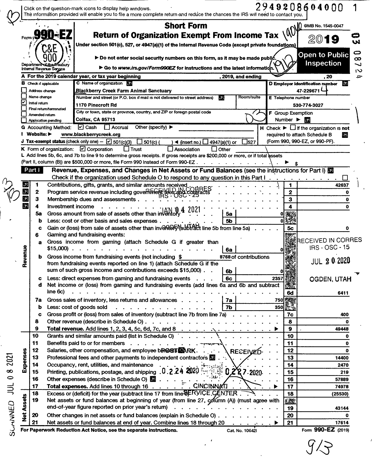 Image of first page of 2018 Form 990EZ for Blackberry Creek Farm Animal Sanctuary