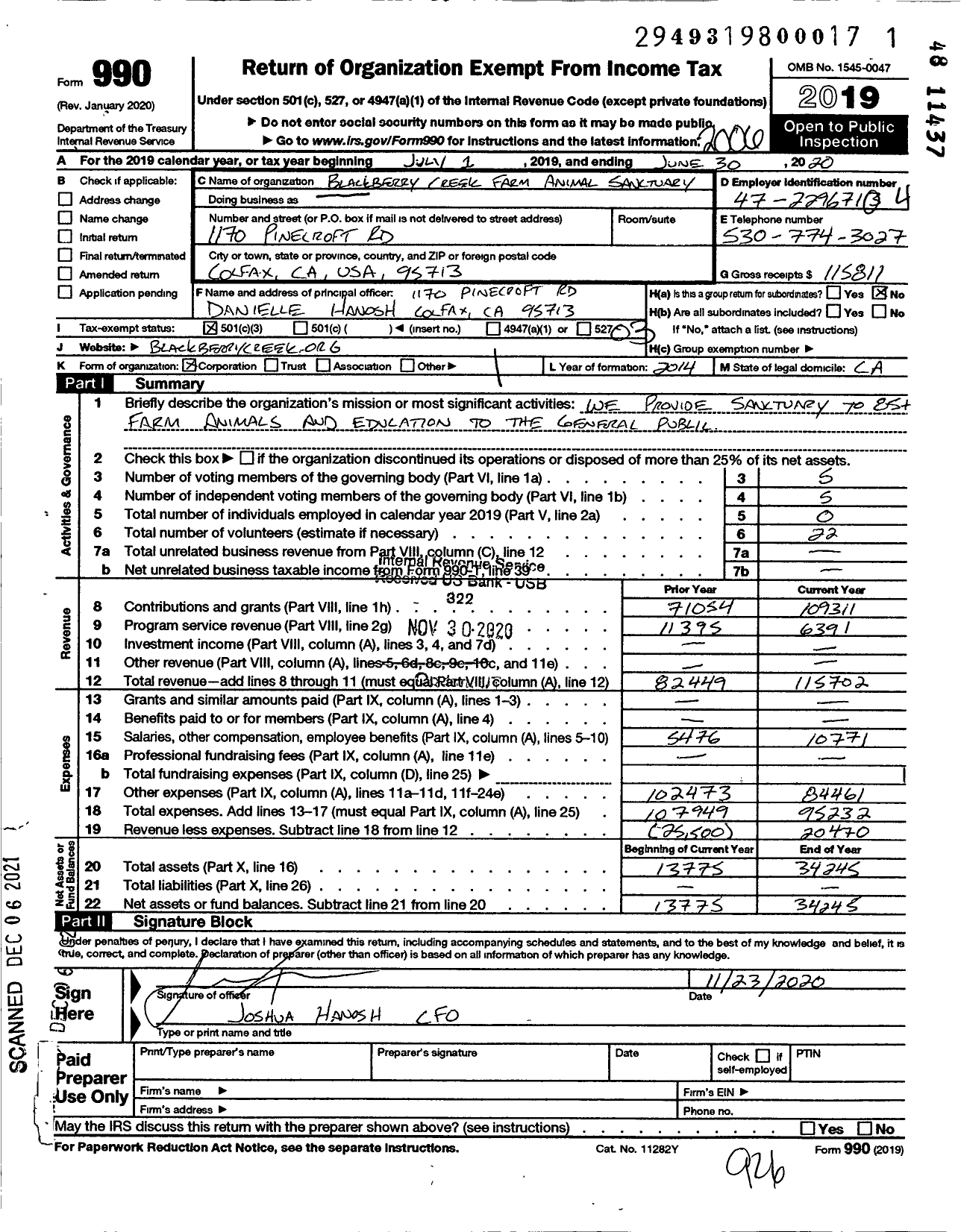 Image of first page of 2019 Form 990 for Blackberry Creek Farm Animal Sanctuary