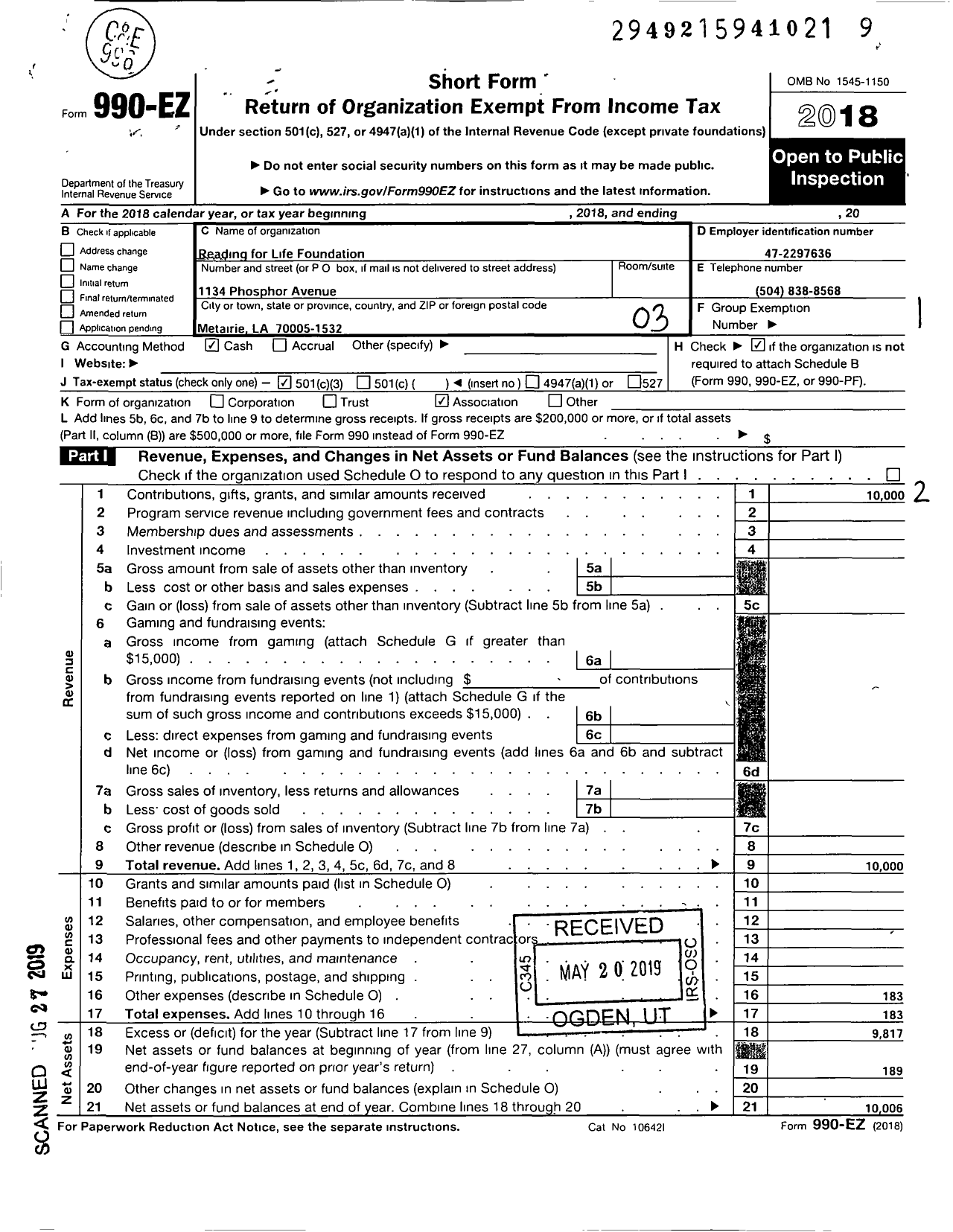 Image of first page of 2018 Form 990EZ for Reading for Life Foundation