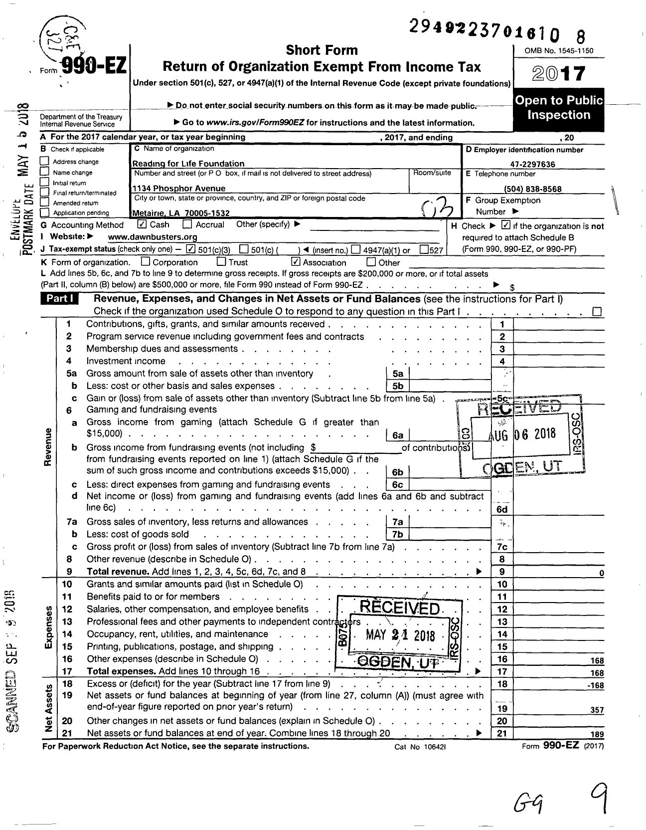 Image of first page of 2017 Form 990EZ for Reading for Life Foundation