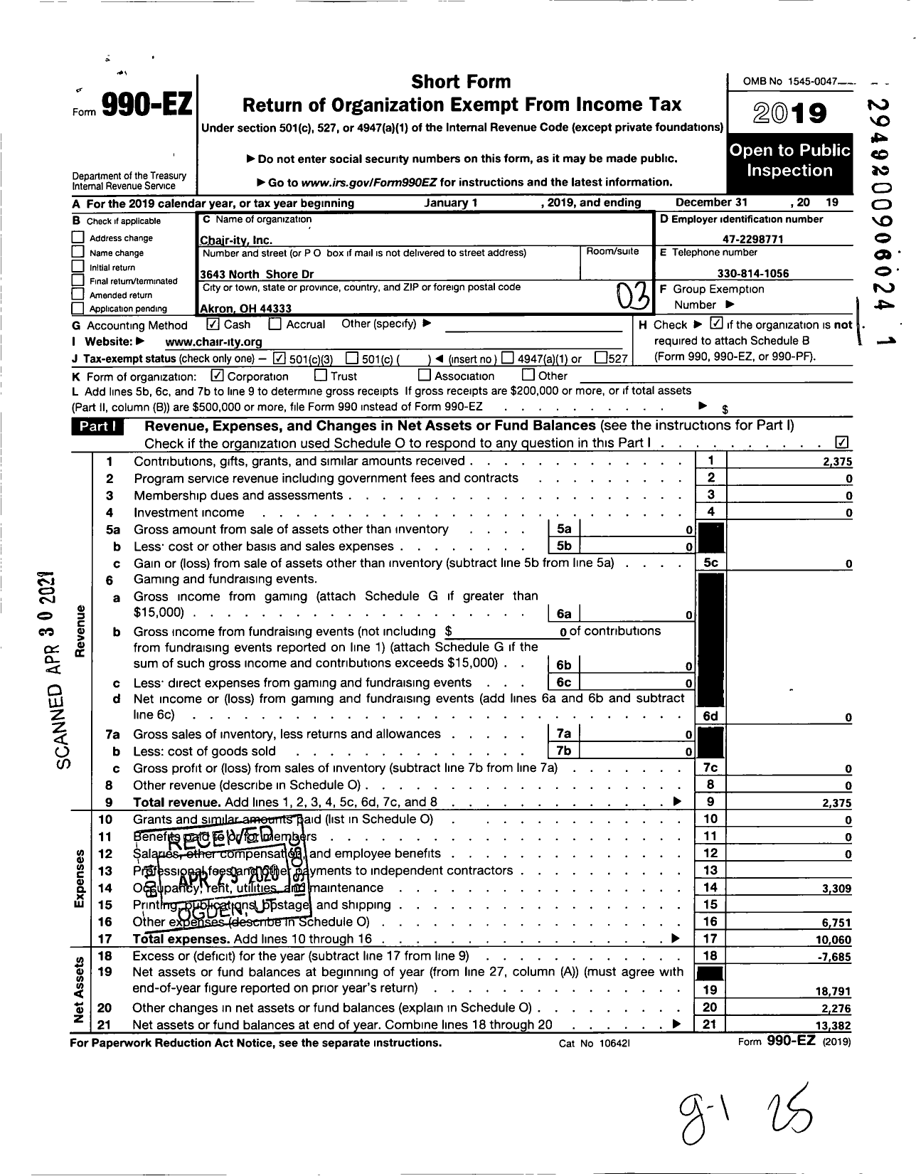 Image of first page of 2019 Form 990EZ for Chair-Ity