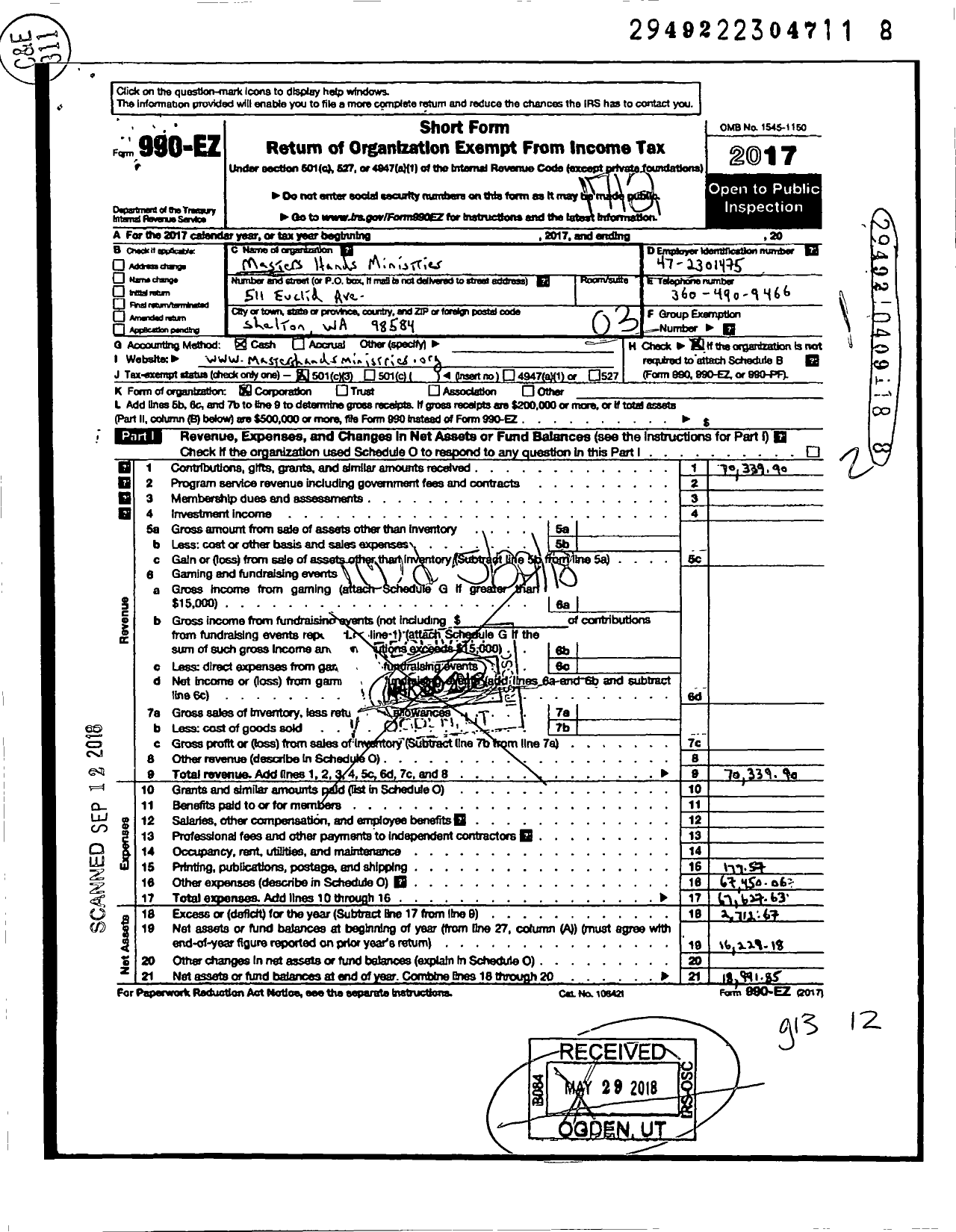 Image of first page of 2017 Form 990EZ for Masters Hands Ministries