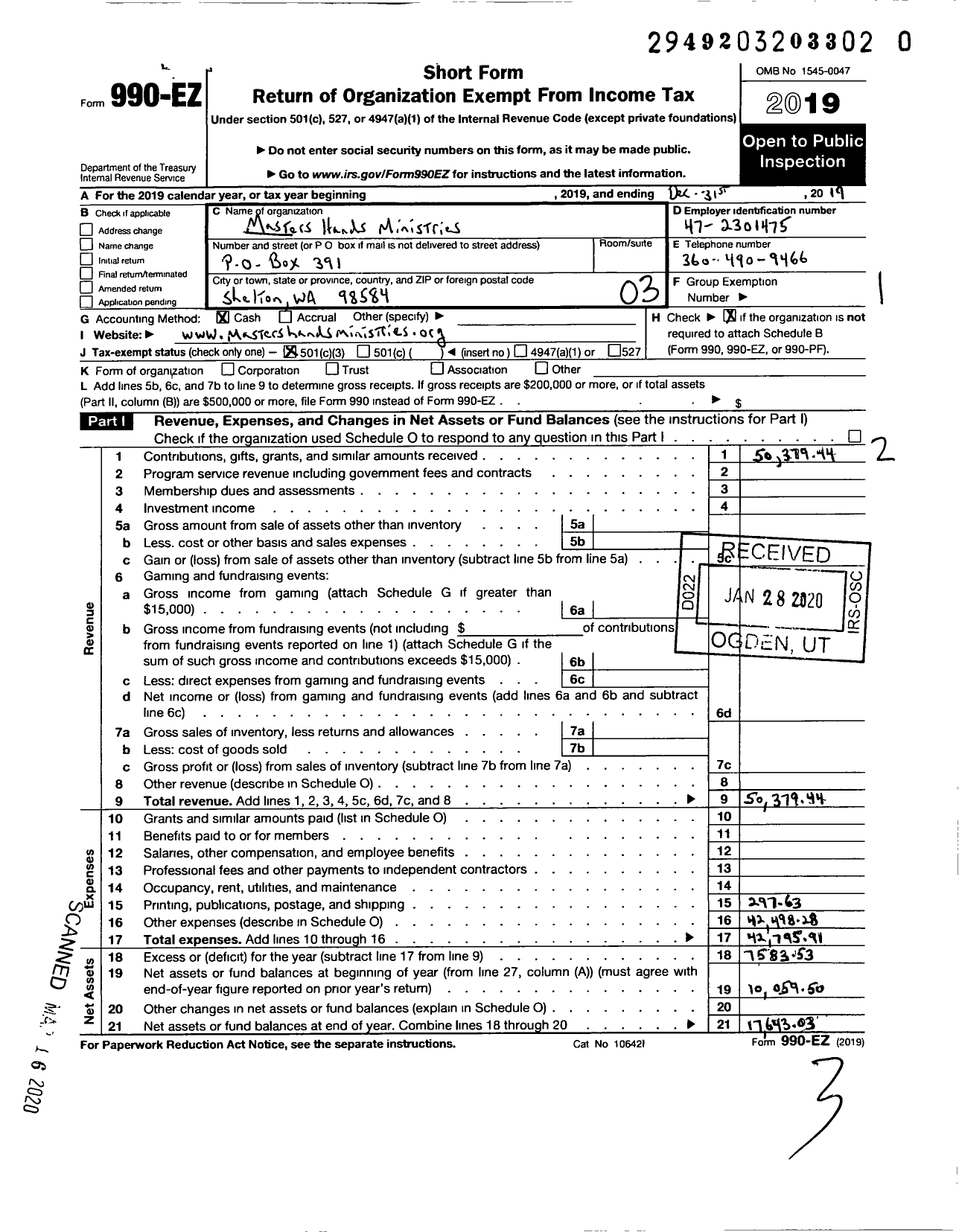 Image of first page of 2019 Form 990EZ for Masters Hands Ministries