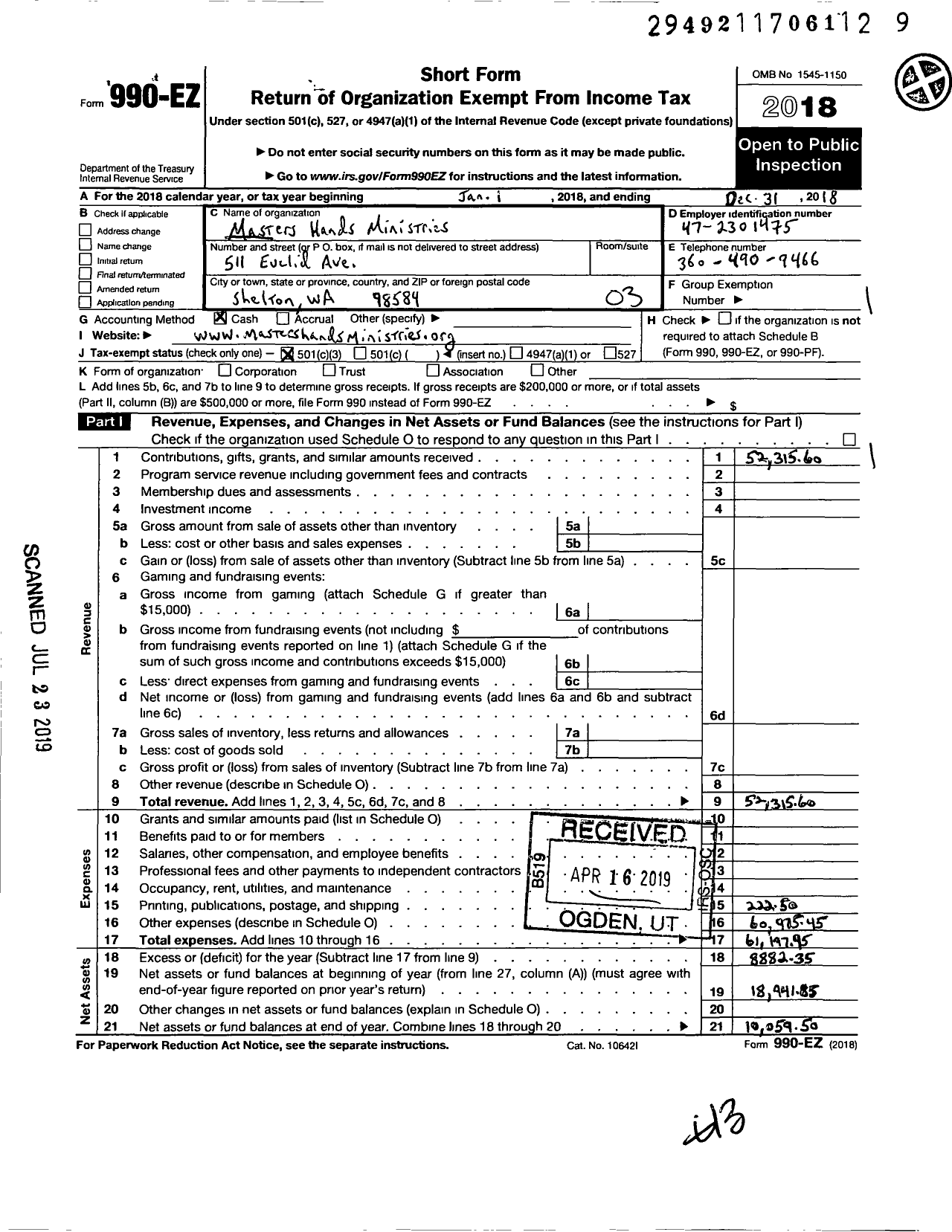 Image of first page of 2018 Form 990EZ for Masters Hands Ministries