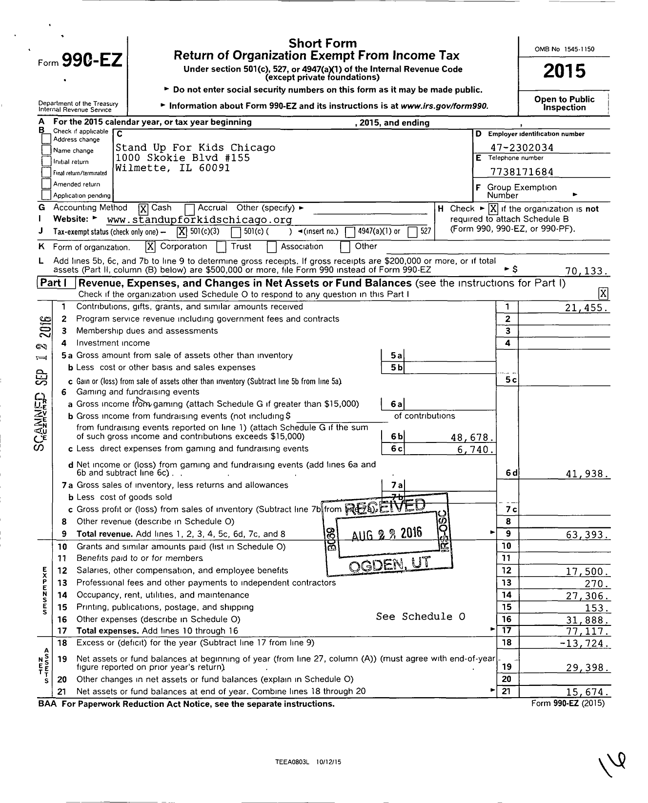 Image of first page of 2015 Form 990EZ for Stand Up for Kids