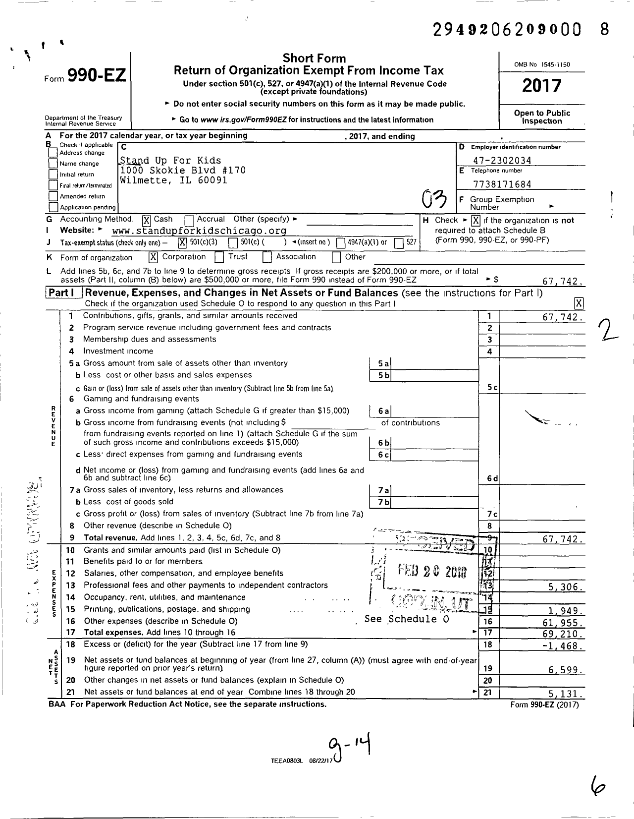 Image of first page of 2017 Form 990EZ for Stand Up for Kids