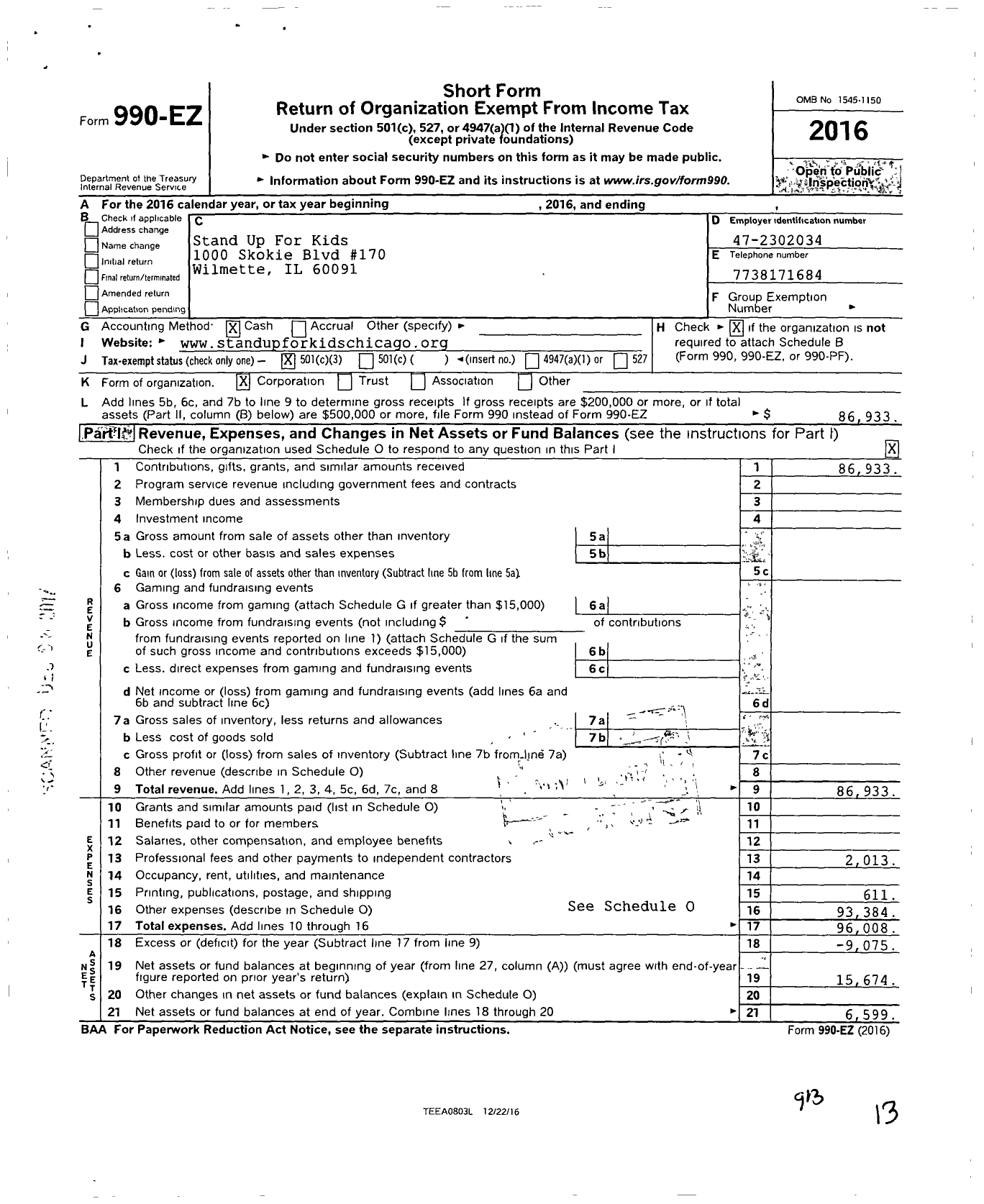 Image of first page of 2016 Form 990EZ for Stand Up for Kids