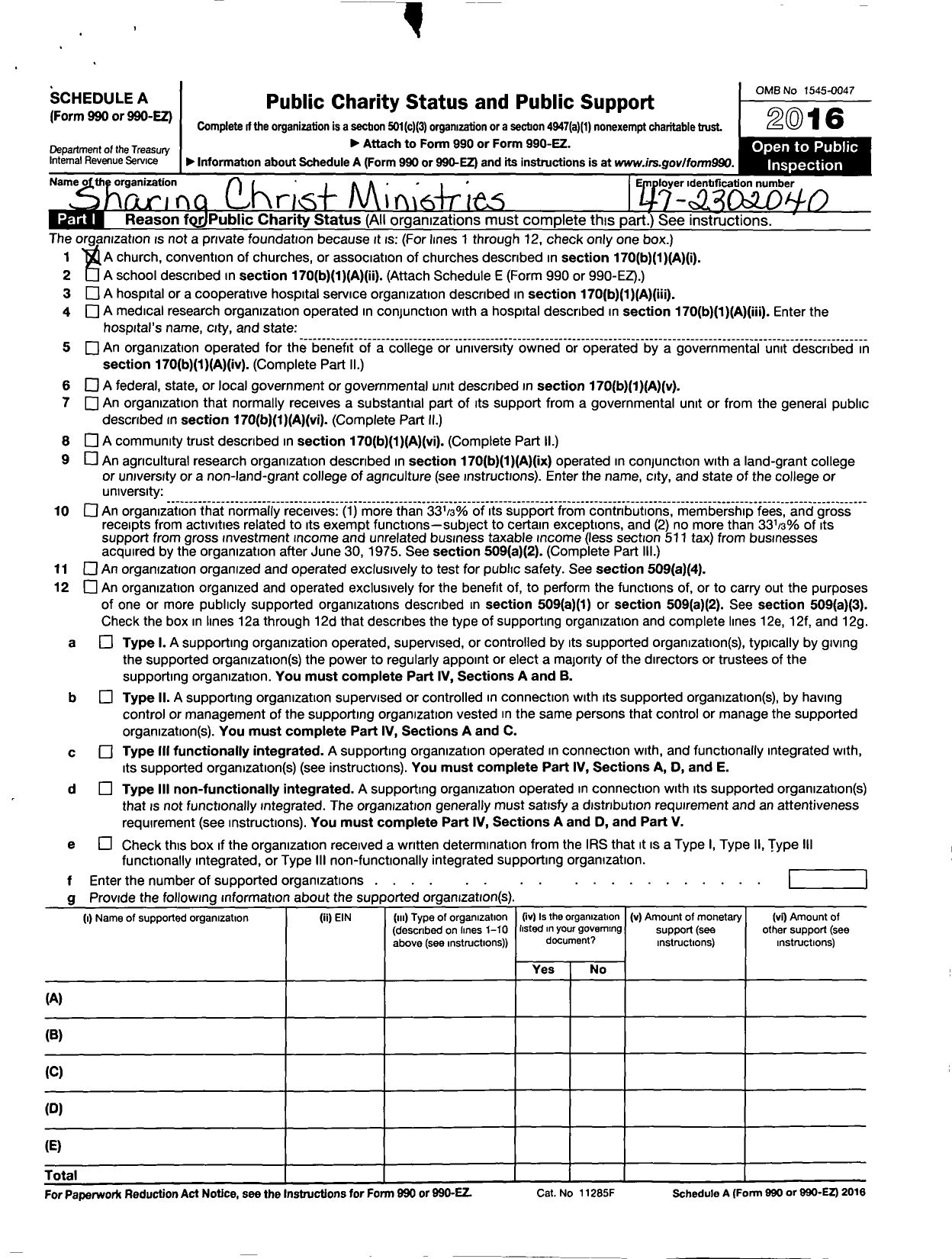 Image of first page of 2016 Form 990ER for Sharing Christ Ministries