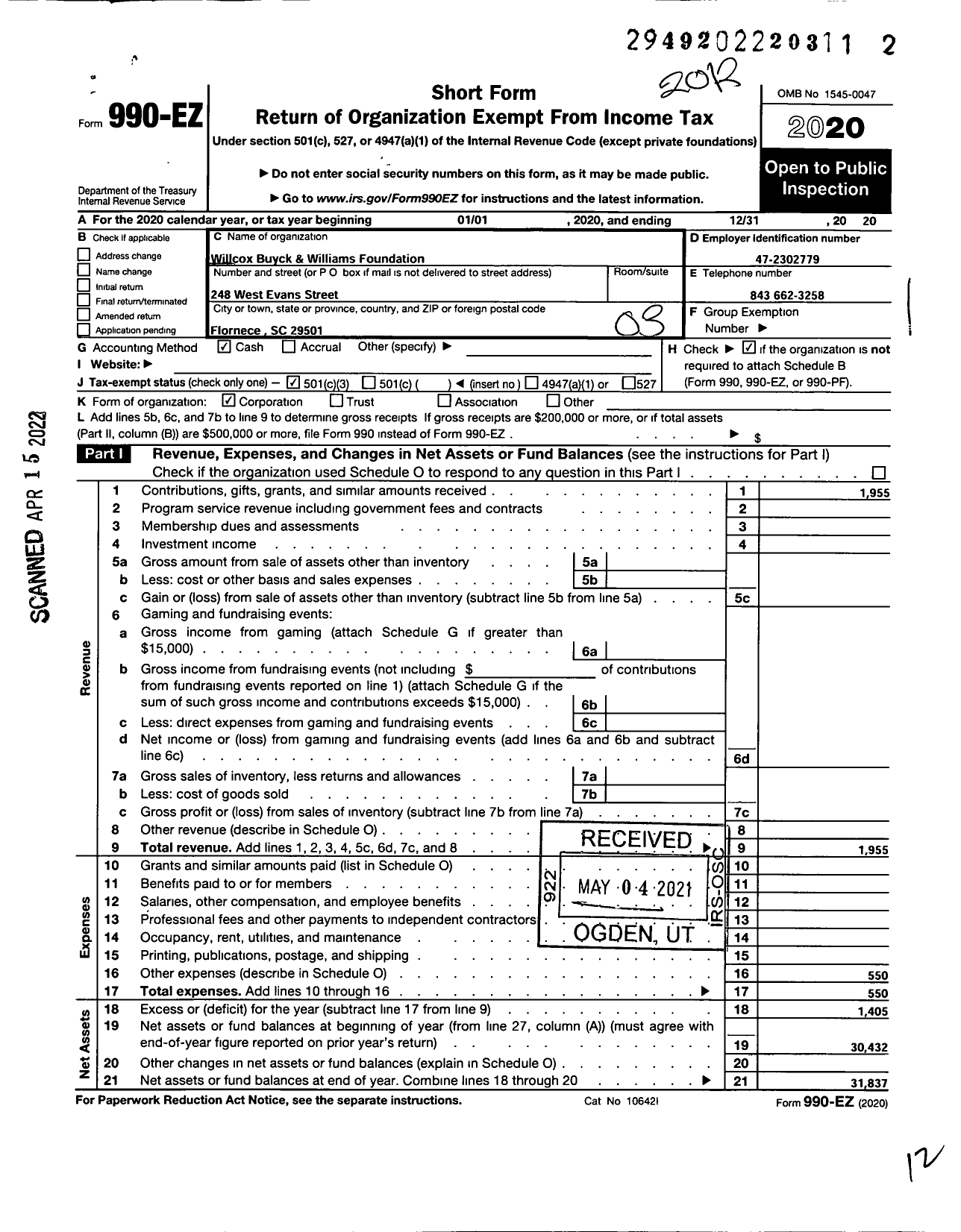 Image of first page of 2020 Form 990EZ for Willcox Buyck and Williams Foundation