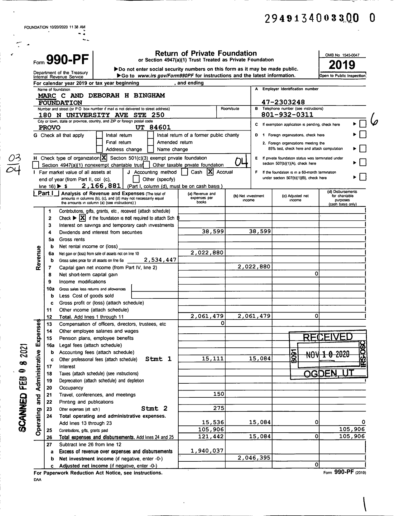 Image of first page of 2019 Form 990PF for Marc C and Deborah H Bingham Foundation