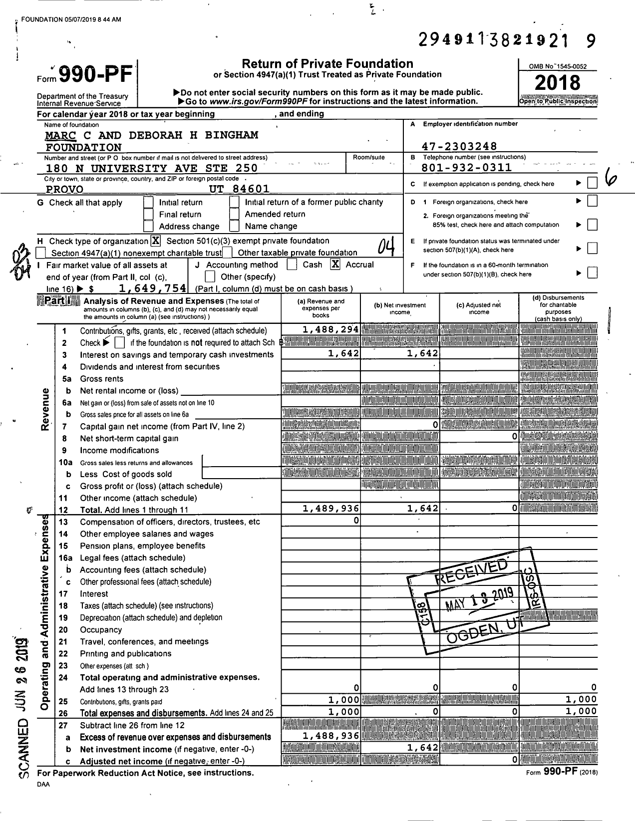 Image of first page of 2018 Form 990PF for Marc C and Deborah H Bingham Foundation