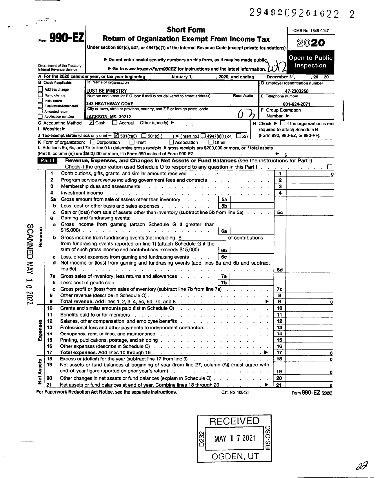 Image of first page of 2020 Form 990EZ for Just Be Ministry