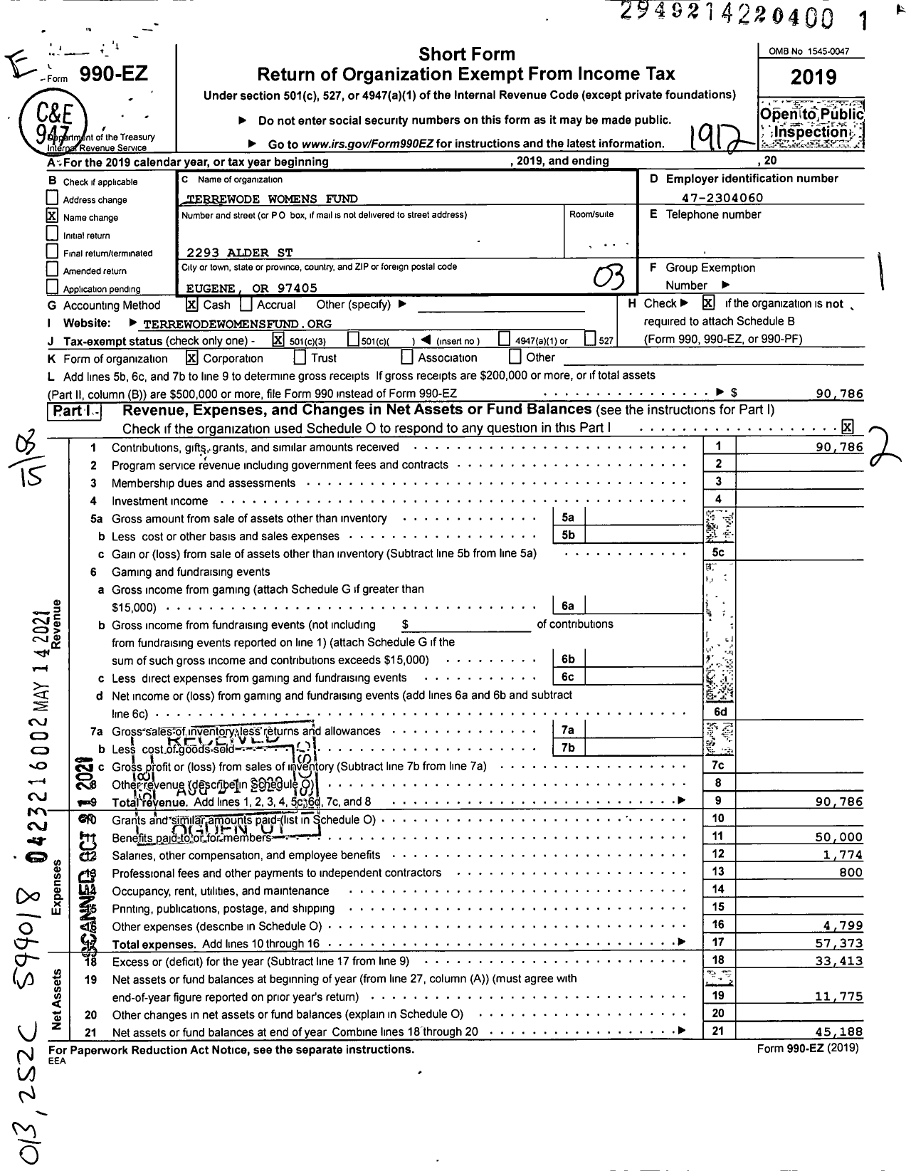 Image of first page of 2019 Form 990EZ for Terrewode Womens Fund