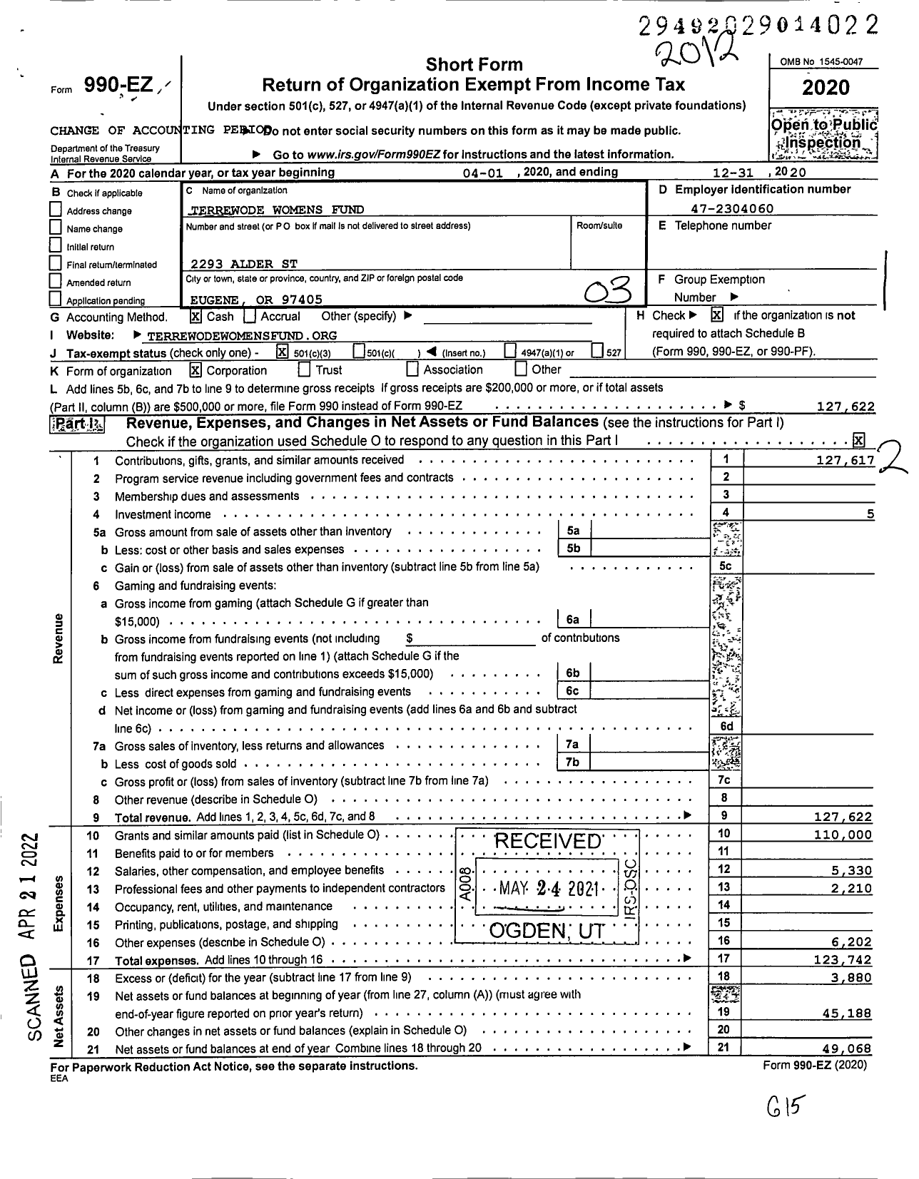 Image of first page of 2020 Form 990EZ for Terrewode Womens Fund