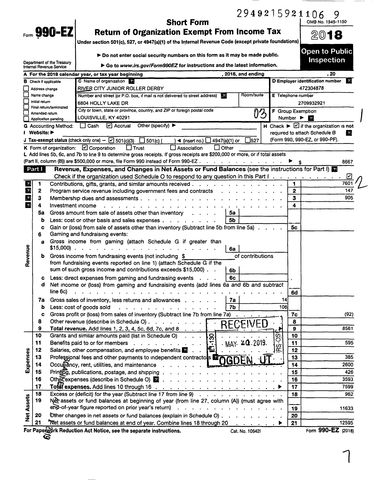 Image of first page of 2018 Form 990EZ for River City Junior Roller Derby