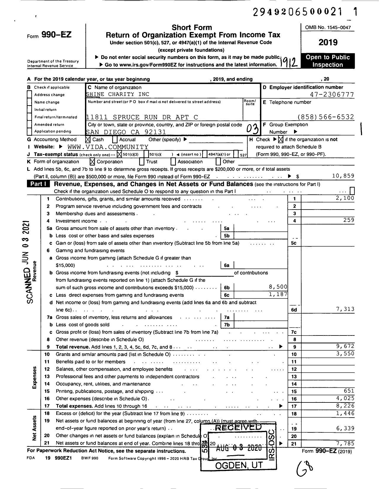 Image of first page of 2019 Form 990EZ for Shine Charity