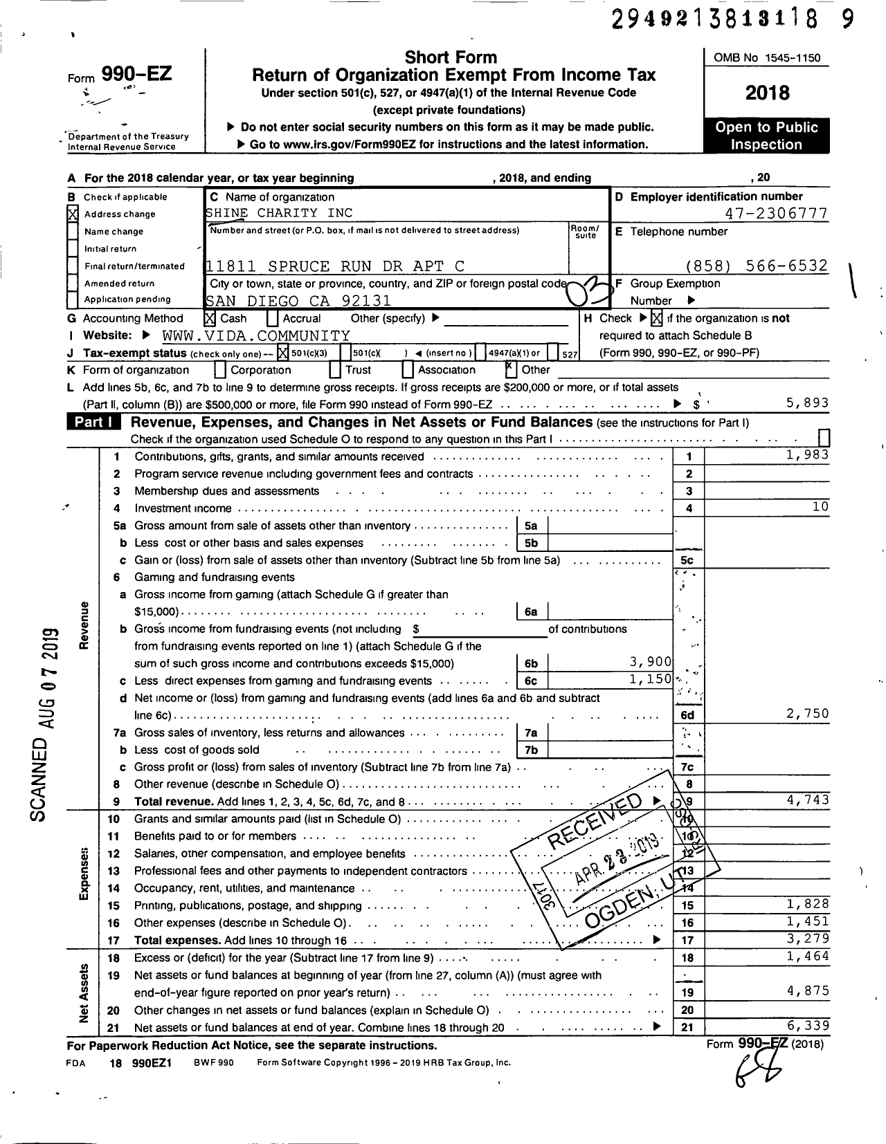 Image of first page of 2018 Form 990EZ for Shine Charity